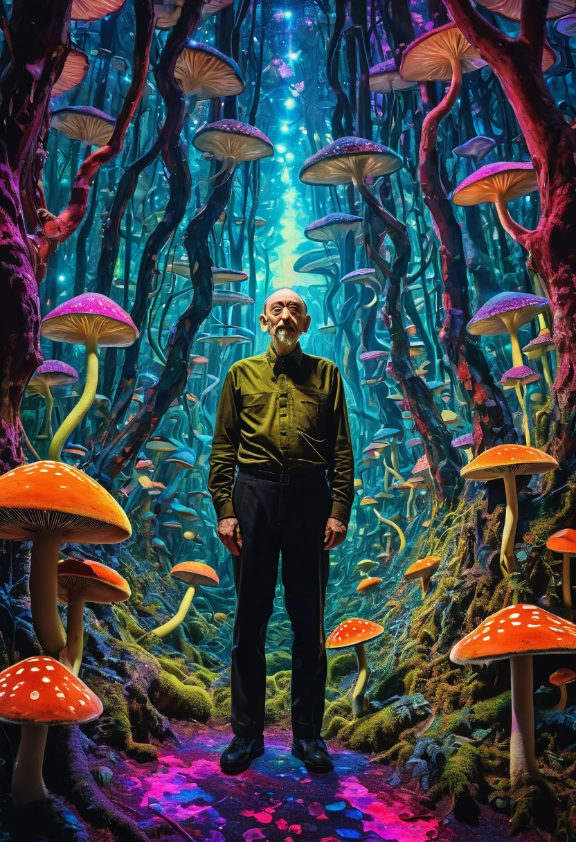 A psychedelic person with many eyes stands amidst a fungi forest, surrounded by 3D fractals. The scene is elastic and gaudy, with glistening, glittering, and glossy surfaces. Iridescent colors blend like a painting under blacklight, featuring vibrant color frequencies and graded, cross-processing print effects. The style combines elements of crystal cubism, echoing the works of El Lissitzky, Frank Miller, and Georg Baselitz, evoking a weirdcore wonderland. The image is captured with the detail and clarity of a Hasselblad X1D II 50C camera.