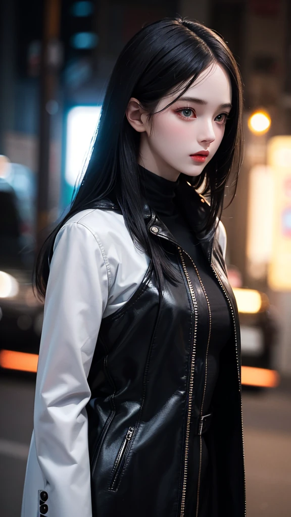 Beautiful girl with realistic black eyes, pale skin, medium length black hair, perfect face, perfect eyes, wearing a coat, very detailed, comprehensive movie, digital painting, 8K, cinematic lighting, highest quality, High resolution, Fine work, Post-processing, perfect result, surreal