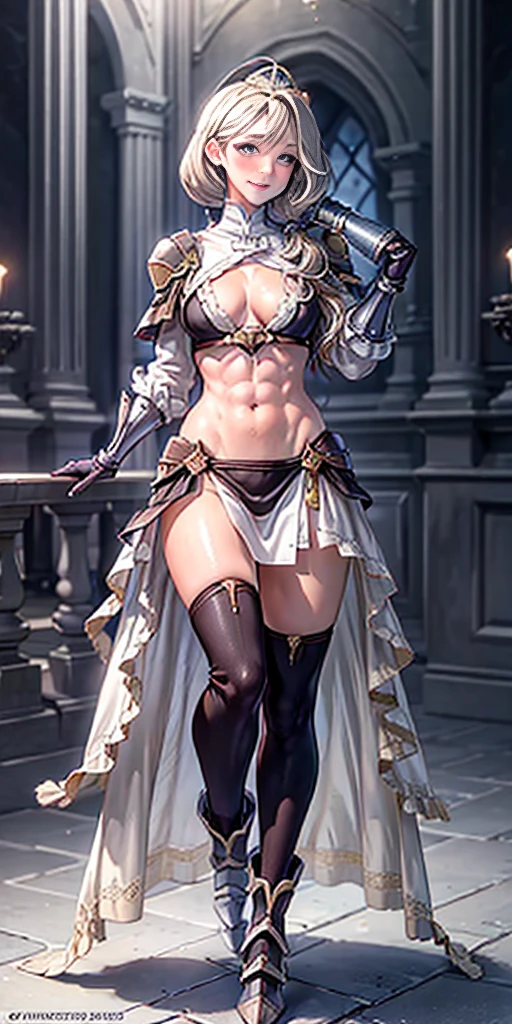 full body, def_effie, RED breastplate, RED skin, looking at viewer, shiny, armor, thigh highs, high boots, shoulder armor, faulds, poleyn, RED gloves, gauntlets, rerebrace, RED military armored boots, pauldrons (Masterpiece, best quality, ultra-detailed, best shadow) yordle (1sologirlRED skin:1.2) muscular lean platinum blonde long twin tails hairstyle at the bedroom lustful smirking smile face red blushed, blush, strong abs, female body builder, tiara, twin drills hair