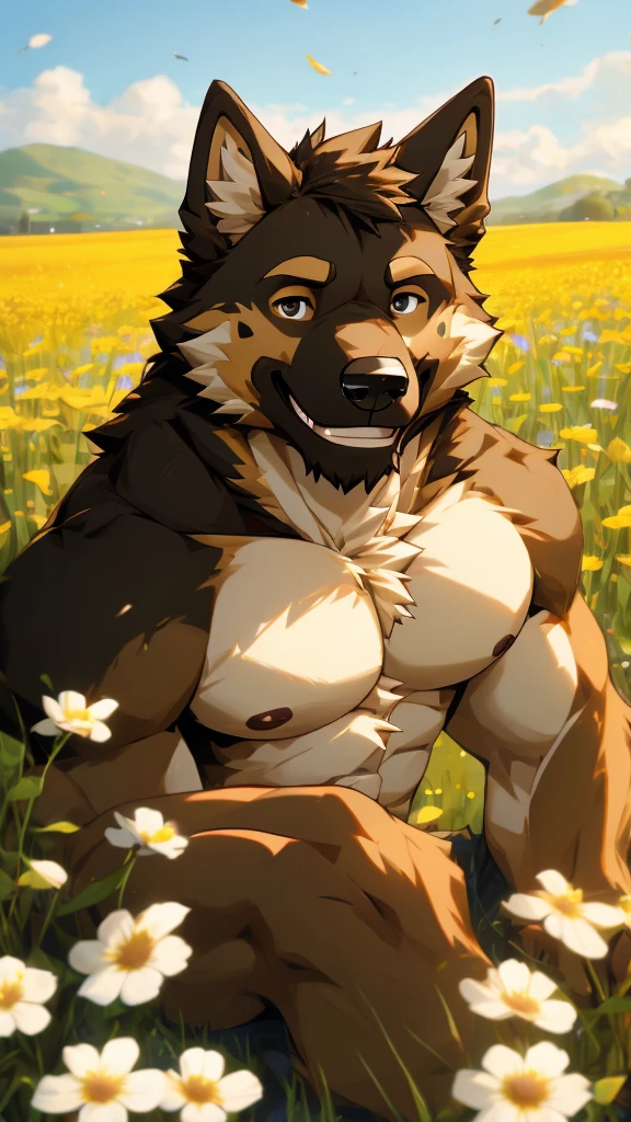 (masterpiece, 4K, ultra detailed), bear furry, dark brown fur, beige belly fur, short hair, masculine, sunny, meadow, muscular, blush, scream, naked, cumshot, load of cum, anime, teenage, dark penis, brown eyes