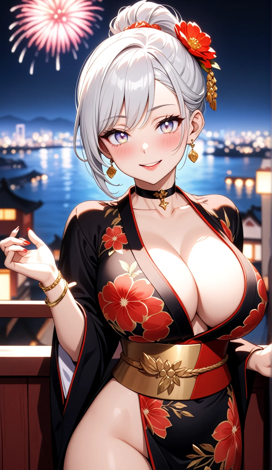 ((One personの女性)), Beautiful Face,Laughing embarrassedly,((Wink:1.9)),Laugh with your mouth wide open, ((Bright red cheeks:1.4)),Glossy red lips,night,rooftop,Festive decorations,You can see the ocean, firework,Lighting on the face,((Anime style background)),masterpiece, Highest quality, so beautiful,Latest, Complex details, (Pink long nails),(ring),(bracelet),(Golden choker),AI-generated, Complex,High resolution, Highest quality, super high quality,3D Images、looking outside、3D Images,One person,Long white hair,High Ponytail,(blue eyes),Anime woman posing for a photo, ((Fine grain、Silvery white colorful eyes、Shining Eyes:1.4)),(Squint your eyes:1.1),a hyperRealistic , hyperRealistic , Realistic,Anime woman with long and white hair, Smooth anime CG art, A woman in a colorful kimono with gold embroidery, (Black long sleeve kimono),Red floral pattern,Long flower hair ornament,Big earrings,Mature Body,(Big Breasts:1.1),Tall,Abdominal muscles,Narrow waist,(Zoom in on face:1.8),Photographed from the front