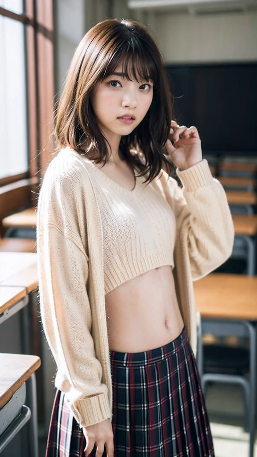  Highest quality, shape, Very detailed, finely, High resolution, 8k wallpaper, 完璧なダイナミックな構shape, Beautiful and exquisite,  Natural Lip, whole body, Navel exposure, front,bangs、University classroom、Brown Hair、(Thighs)、Looking into the camera,(((Small breasts))),sweater、Pleated skirt、round face、