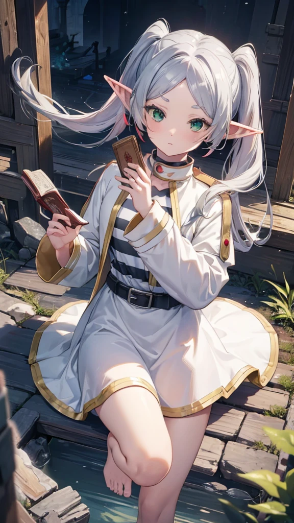 8k, high quality, high resolution, realist, Attention to details, Very detailed face, ((Masterpiece)),
((freeze base)), beautiful girl, (flat body), combine, pointy ears, gray hair, (Long twin tails), green eyes, personal,
white coatlet, striped shirt, White skirt, long sleeve, belt,  white coat, magic, magic circle, (Ruins in poor condition), medieval village, attractive pose,Hold the spellbook and cast magic、Thighs、barefoot、pants、underwear、half naked