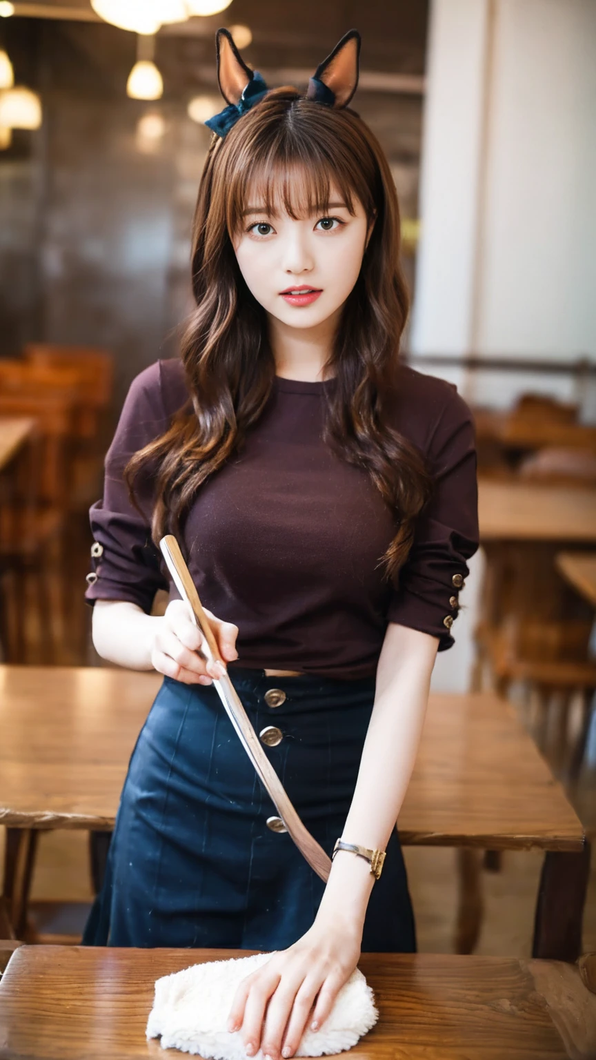 (Tabletop.Highest quality:1.3)、One Girl、Brown long hair、Horse-eared girl、Brown horse tail、Red clothes、Red Skirt、Hair fluttering、Brush your hair up、