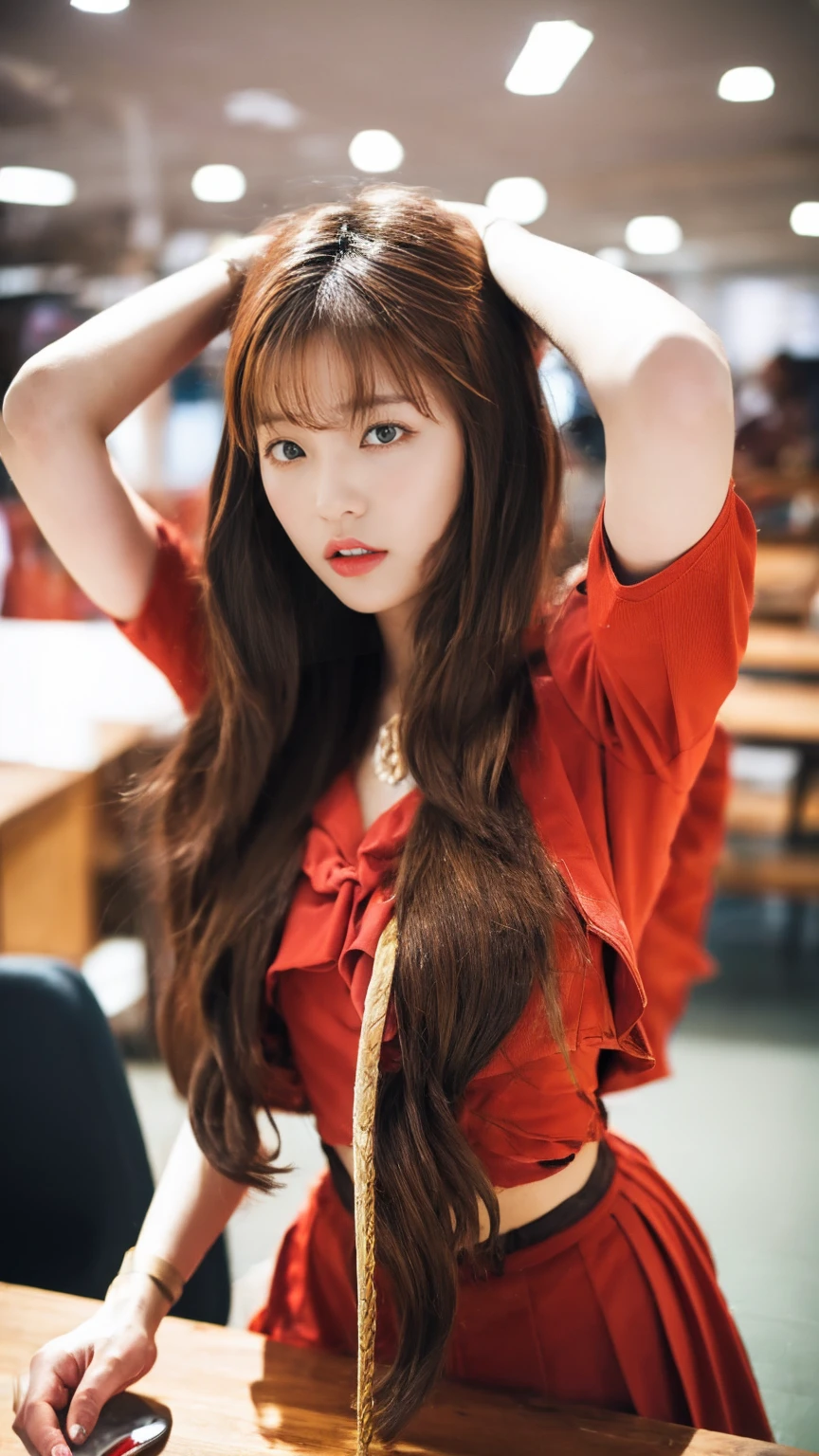 (Tabletop.Highest quality:1.3)、One Girl、Brown long hair、Horse-eared girl、Brown horse tail、Red clothes、Red Skirt、Hair fluttering、Brush your hair up、