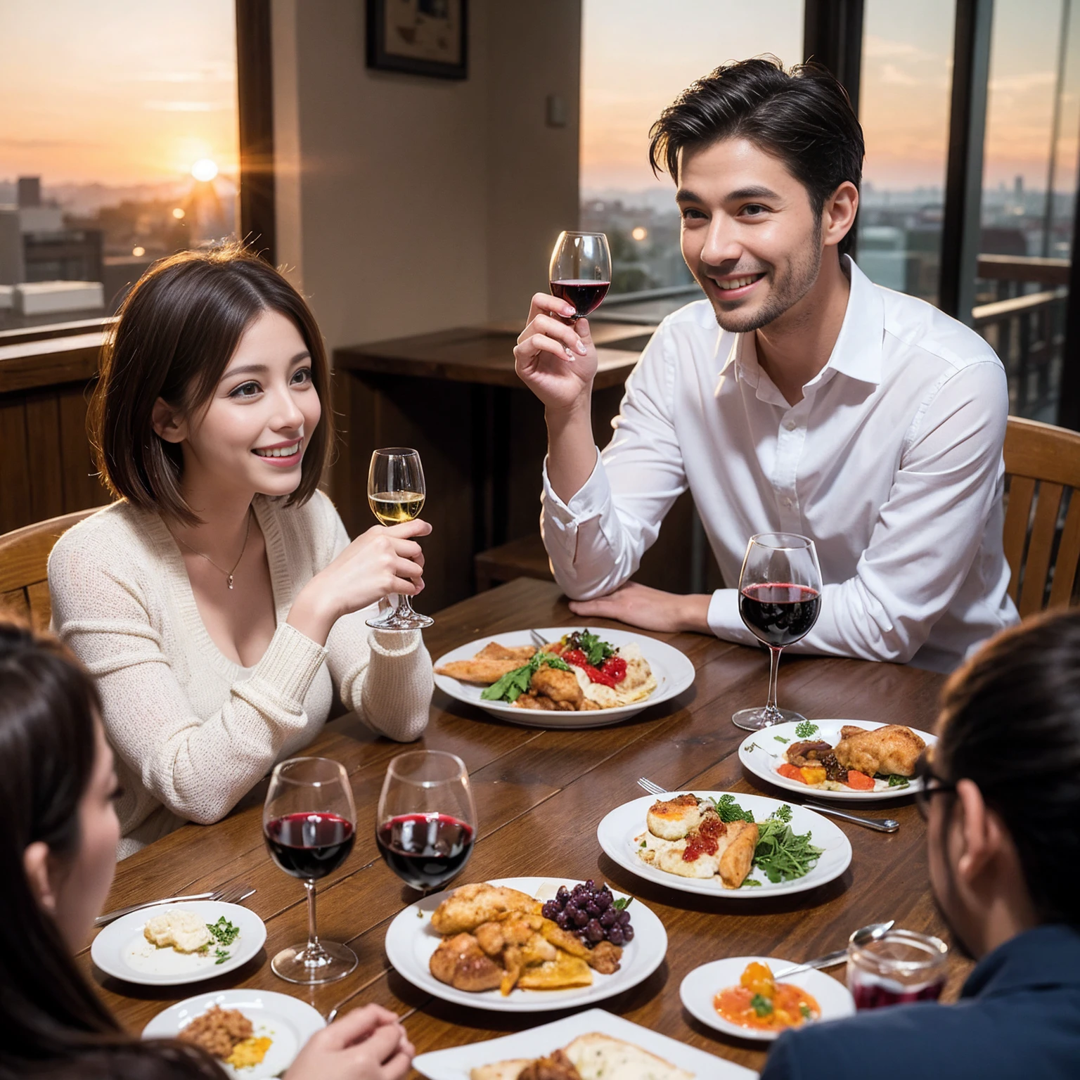((Highest quality、8K、masterpiece:1.3))、 (Genuineistic, Genuine、Bright image、Intricate details:1.2), 最高のsmile、1 male 1 female、Beautiful couple、Lovey-dovey lovers、Satomi Ishihara lookalike fiance、Good friends、actress couple、smile、Full-course dinner at a packed table、 (Slim face), (the body is slim), (Brown Hair), (short hair), テーブルのwine glass、Please shine a light on my face、 Amazing view of the sunset sky and clouds、 years old 39 years old, red wine 、Appetizers、Wine bottle、sparkling wine、Long sleeve shirt、dress、White wine, red wine, wine glass, 