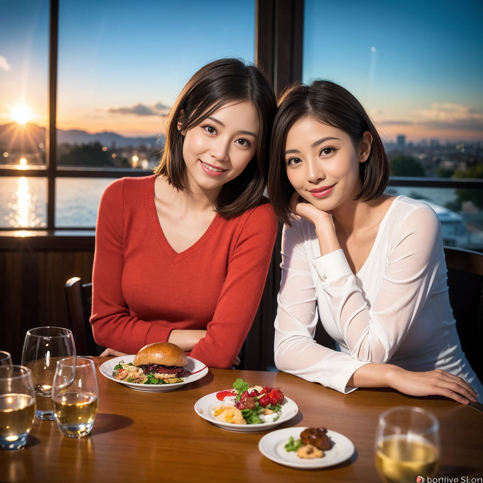 ((Highest quality、8K、masterpiece:1.3))、 (Genuineistic, Genuine、Bright image、Intricate details:1.2), 最高のsmile、1 male 1 female、Beautiful couple、Lovey-dovey lovers、Satomi Ishihara lookalike fiance、Good friends、actress couple、smile、Full-course dinner at a packed table、 (Slim face), (the body is slim), (Brown Hair), (short hair), テーブルのwine glass、Please shine a light on my face、 Amazing view of the sunset sky and clouds、 years old 39 years old, red wine 、Appetizers、Wine bottle、sparkling wine、Long sleeve shirt、dress、White wine, red wine, wine glass, 