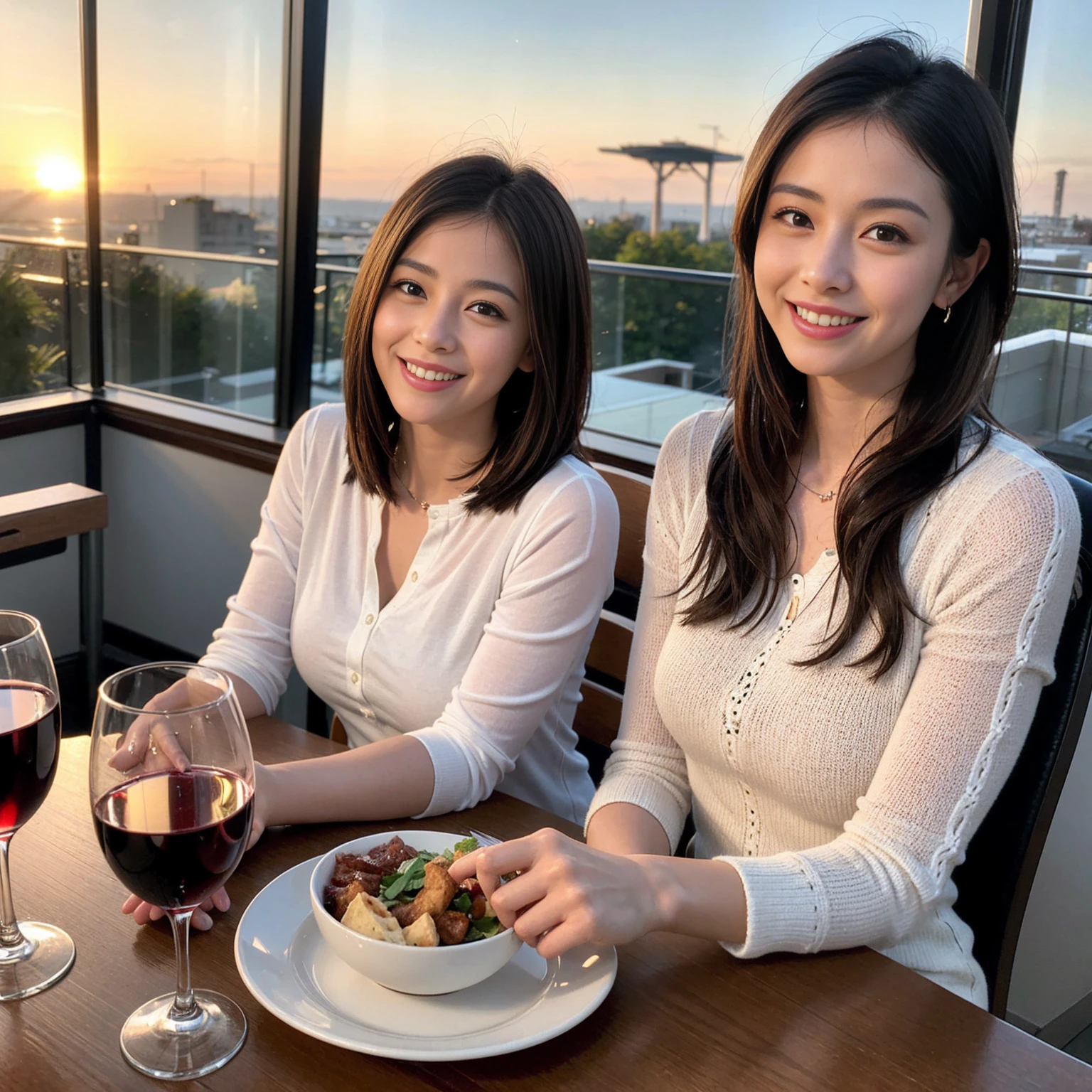 ((Highest quality、8K、masterpiece:1.3))、 (Genuineistic, Genuine、Bright image、Intricate details:1.2), 最高のsmile、1 male 1 female、Beautiful couple、Lovey-dovey lovers、Satomi Ishihara lookalike fiance、Good friends、actress couple、smile、Full-course dinner at a packed table、 (Slim face), (the body is slim), (Brown Hair), (short hair), テーブルのwine glass、Please shine a light on my face、 Amazing view of the sunset sky and clouds、 years old 39 years old, red wine 、Appetizers、Wine bottle、sparkling wine、Long sleeve shirt、dress、White wine, red wine, wine glass, 