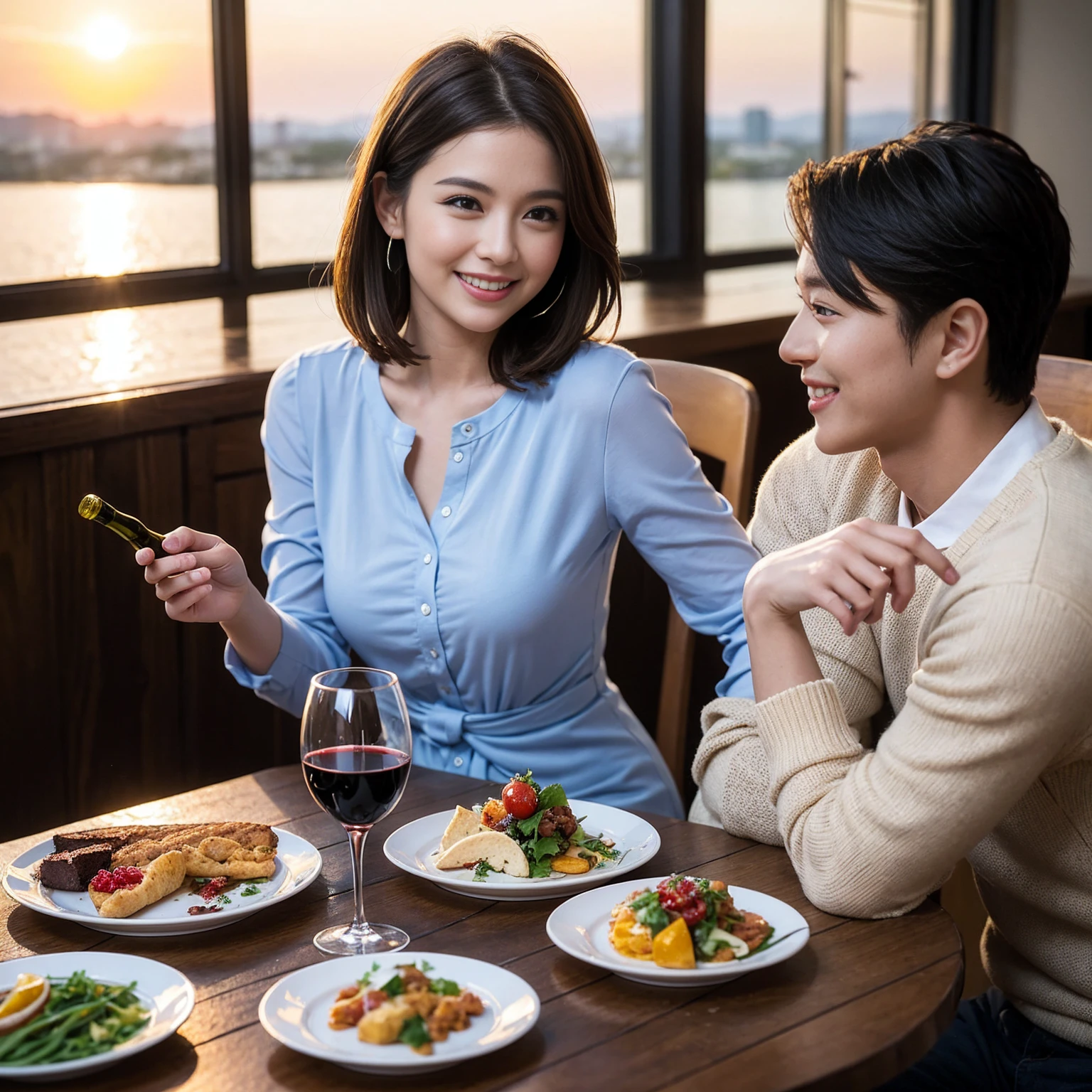 ((Highest quality、、masterpiece:1.3))、 (Genuineistic, Genuine、Bright image、Intricate details:1.2), 最高のsmile、1 male、1 female、Beautiful couple、love love love、fiancee、Good friends、actress couple、smile、Full-course dinner at a packed table、 (Slim face), (the body is slim), (Brown Hair), (short hair), テーブルのwine glass、Please shine a light on my face、 Amazing view of the sunset sky and clouds、29-year-old,age 34、 red wine 、Appetizers、Wine bottle、sparkling wine、Long sleeve shirt、dress、White wine, red wine, wine glass,