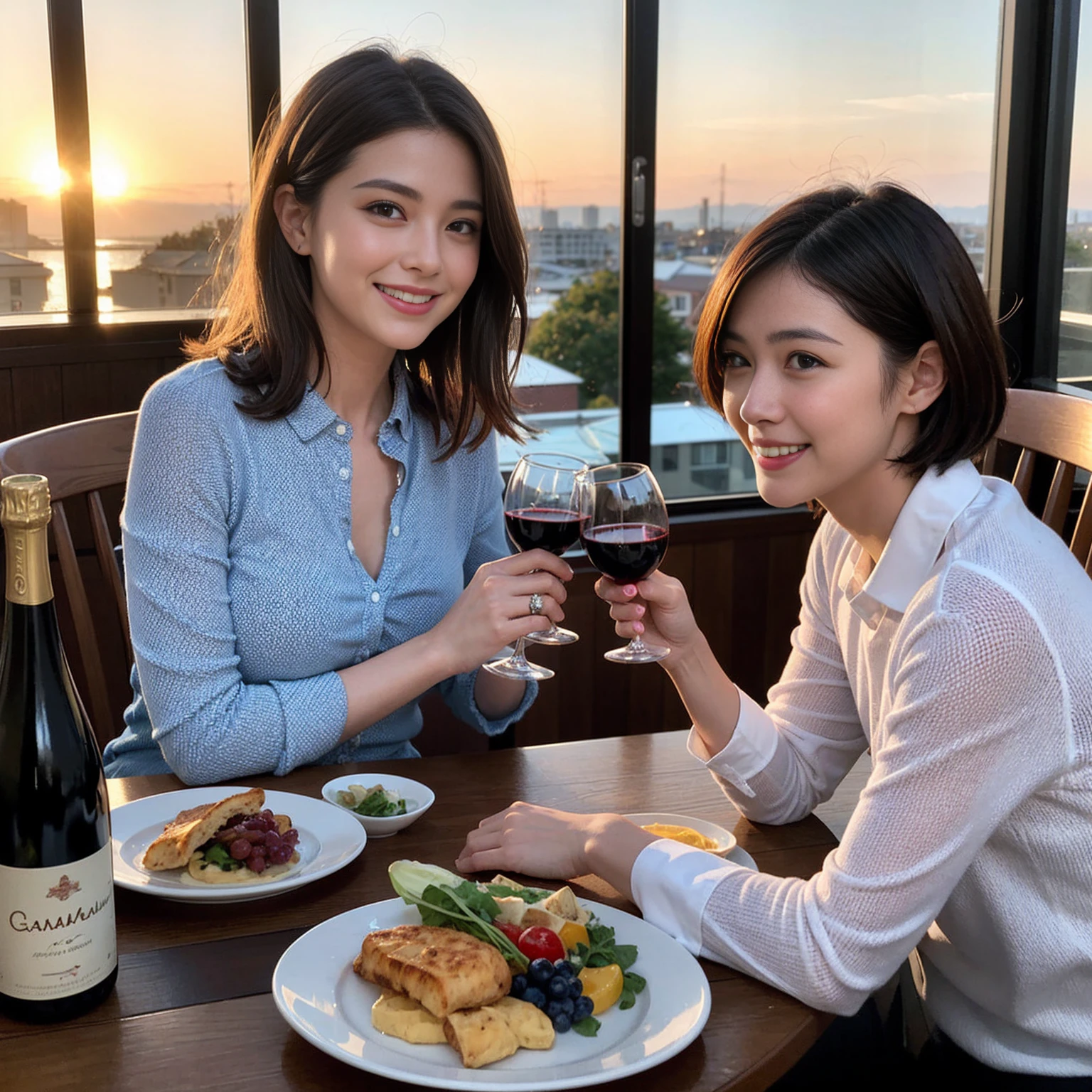 ((Highest quality、、masterpiece:1.3))、 (Genuineistic, Genuine、Bright image、Intricate details:1.2), 最高のsmile、1 male、1 female、Beautiful couple、love love love、fiancee、Good friends、actress couple、smile、Full-course dinner at a packed table、 (Slim face), (the body is slim), (Brown Hair), (short hair), テーブルのwine glass、Please shine a light on my face、 Amazing view of the sunset sky and clouds、29-year-old,age 34、 red wine 、Appetizers、Wine bottle、sparkling wine、Long sleeve shirt、dress、White wine, red wine, wine glass,