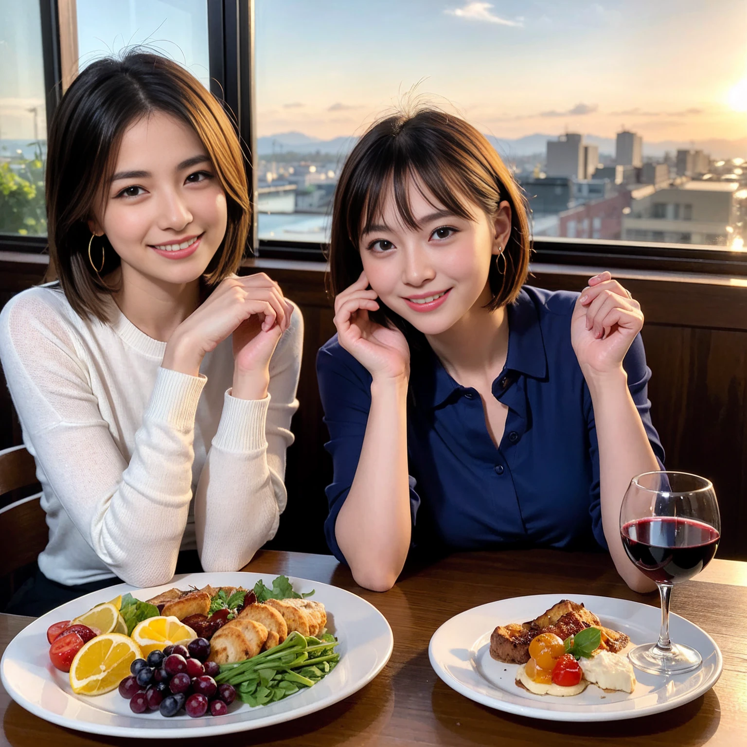((Highest quality、、masterpiece:1.3))、 (Genuineistic, Genuine、Bright image、Intricate details:1.2), 最高のsmile、1 male、1 female、Beautiful couple、love love love、fiancee、Good friends、actress couple、smile、Full-course dinner at a packed table、 (Slim face), (the body is slim), (Brown Hair), (short hair), テーブルのwine glass、Please shine a light on my face、 Amazing view of the sunset sky and clouds、29-year-old,age 34、 red wine 、Appetizers、Wine bottle、sparkling wine、Long sleeve shirt、dress、White wine, red wine, wine glass, 