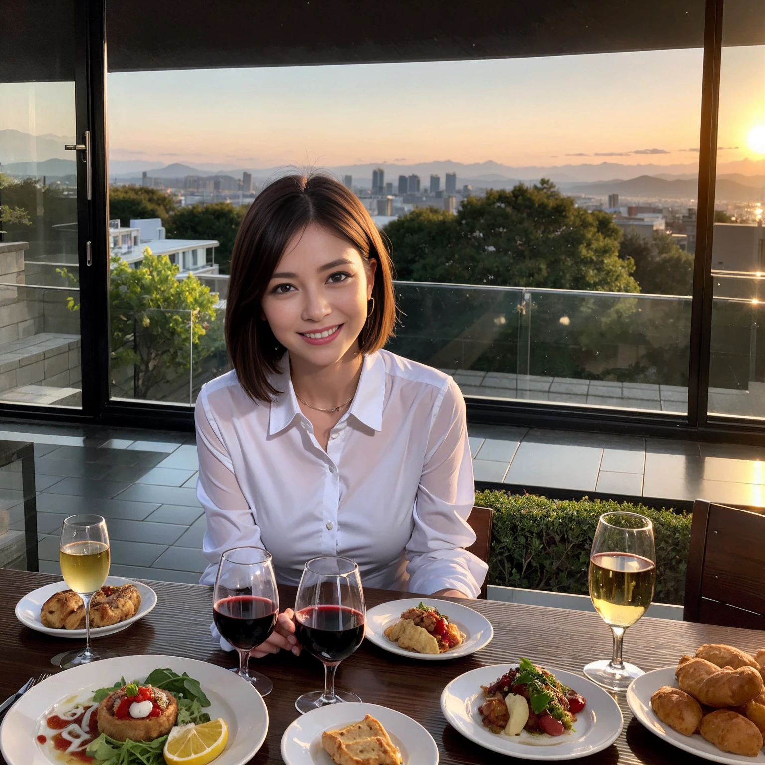 ((Highest quality、8K、masterpiece:1.3))、 (Genuineistic, Genuine、Bright image、Intricate details:1.2), 最高のsmile、1 male、1 female、Beautiful couple、Love Love Love、A mistress who resembles Miki Nakatani、Female announcer、actress couple、smile、Full-course dinner at a packed table、 (Slim face), (the body is slim), (Brown Hair), (short hair), テーブルのwine glass、Please shine a light on my face、 Amazing view of the sunset sky and clouds、 years old 39 years old, red wine 、Appetizers、Wine bottle、sparkling wine、Long sleeve shirt、dress、White wine, red wine, wine glass,