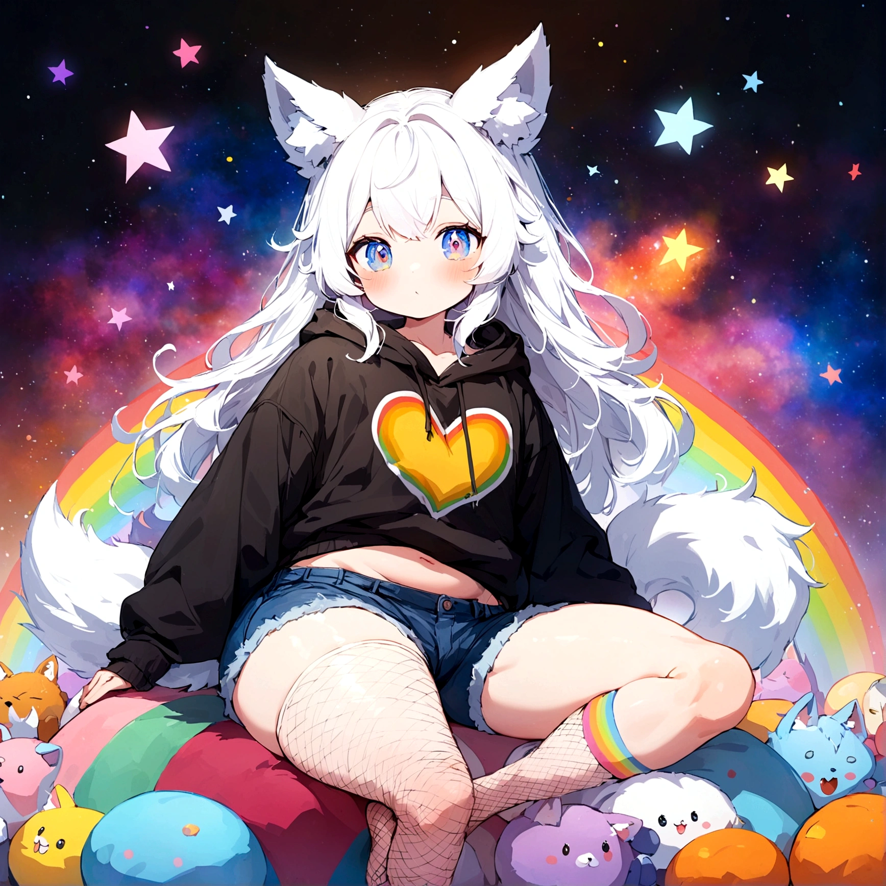 a cute adult male with wolf ears, long white hair, long locks, has a wolf tail, wearing a loose cropped black hoodie, wearing a pair of denim short shorts and fishnet stockings, thick thighs, wide hips, relaxing on mound of fluffy multi colored kawaii plushies, short, very slim, showing slender tummy, heart on hoodie, squishy thighs, has glowing blue eyes. alone, solo (ALONE)(SOLO), surrounded by rainbows, colorful galaxy backround