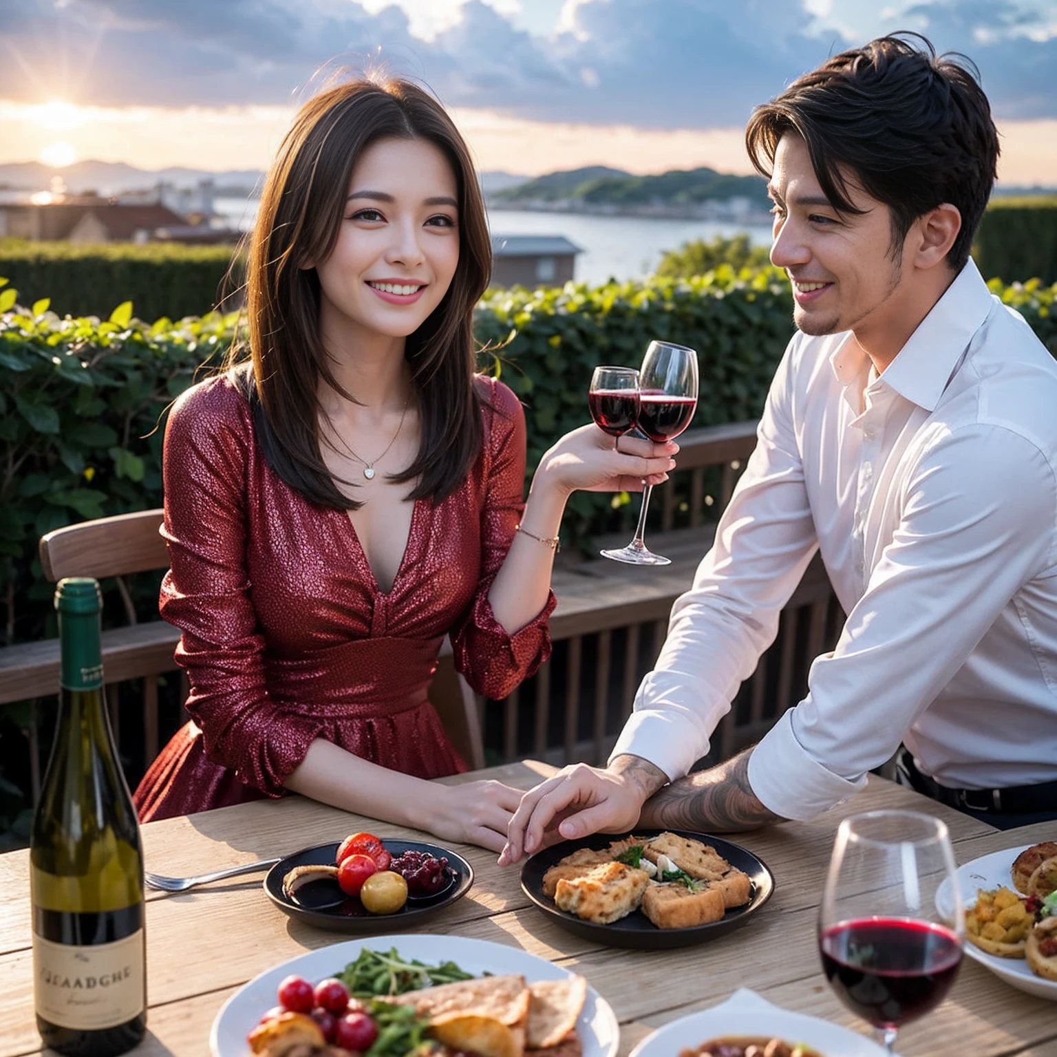 ((Highest quality、8K、masterpiece:1.3))、 (Genuineistic, Genuine、Bright image、Intricate details:1.2), 最高のsmile、1 male 1 female、Beautiful couple、Lovey-dovey lovers、Happy Yokohama Lovers、、Good friends、actress couple、smile、Full-course dinner at a packed table、 (Slim face), (the body is slim), (Brown Hair), (short hair), テーブルのwine glass、Please shine a light on my face、 Amazing view of the sunset sky and clouds、 years old 39 years old, red wine 、Appetizers、Wine bottle、sparkling wine、Long sleeve shirt、dress、White wine, red wine, wine glass,