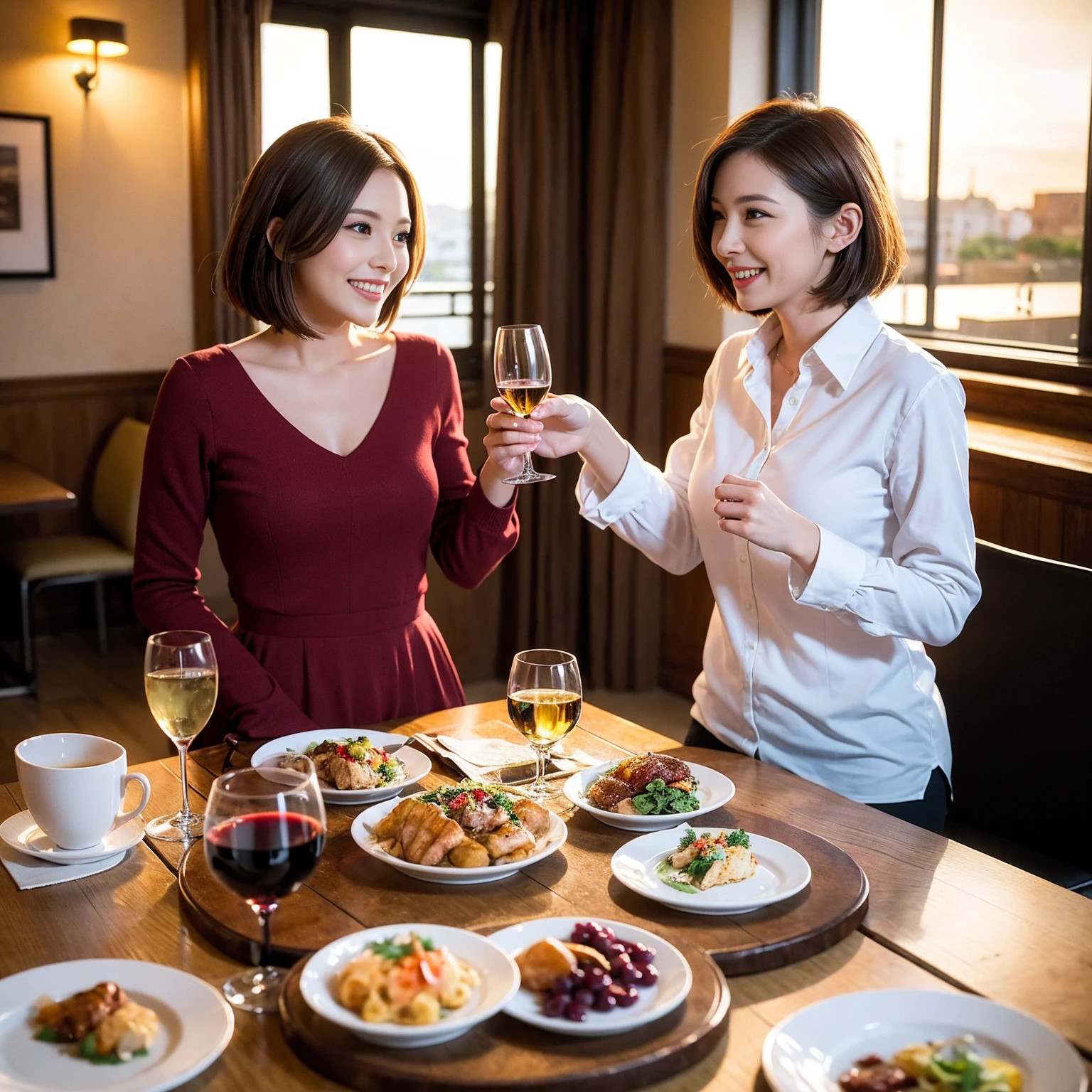((Highest quality、8K、masterpiece:1.3))、 (Genuineistic, Genuine、Bright image、Intricate details:1.2), 最高のsmile、1 male 1 female、Beautiful couple、Lovey-dovey lovers、Happy Yokohama Lovers、、Good friends、actress couple、smile、Full-course dinner at a packed table、 (Slim face), (the body is slim), (Brown Hair), (short hair), テーブルのwine glass、Please shine a light on my face、 Amazing view of the sunset sky and clouds、 years old 39 years old, red wine 、Appetizers、Wine bottle、sparkling wine、Long sleeve shirt、dress、White wine, red wine, wine glass,