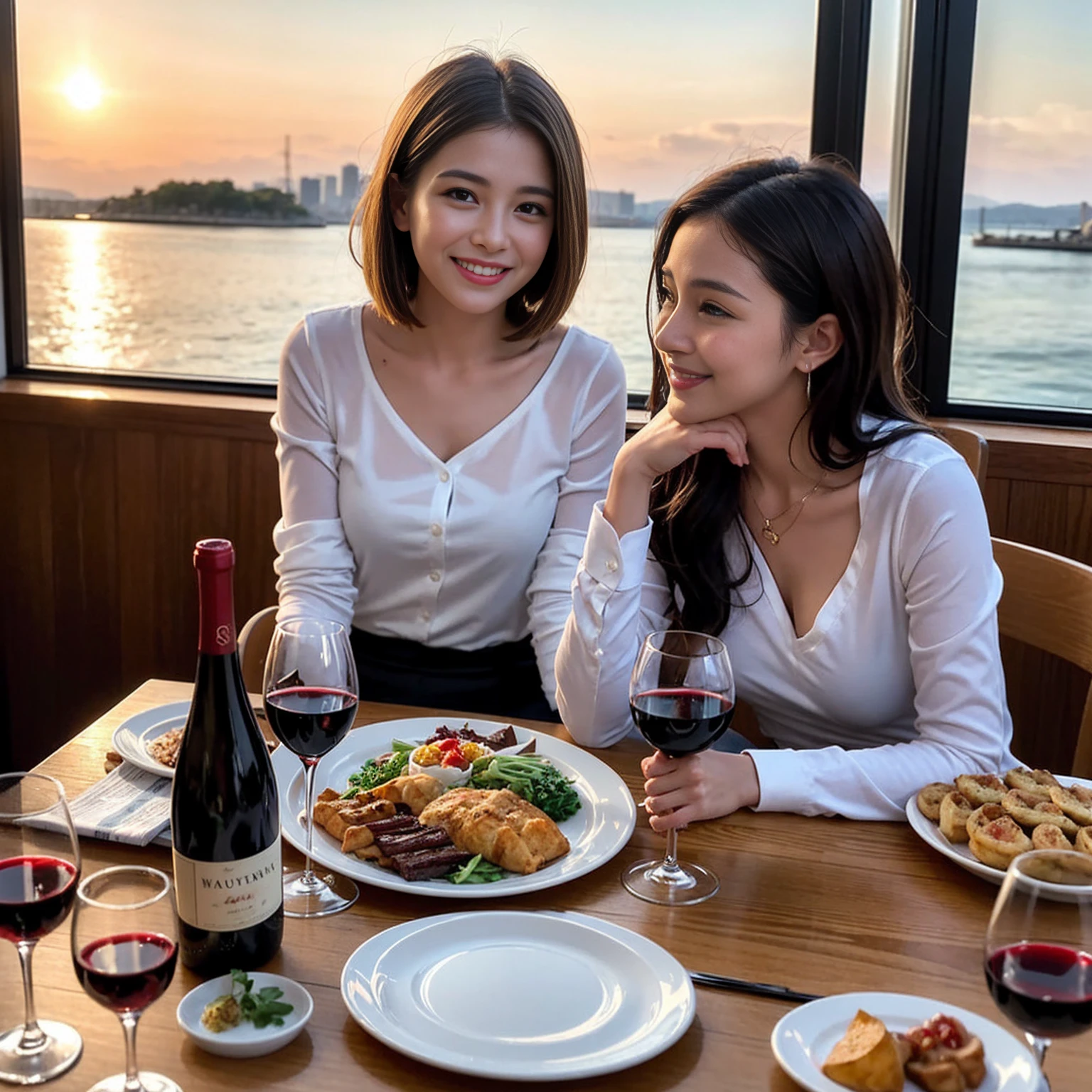 ((Highest quality、8K、masterpiece:1.3))、 (Genuineistic, Genuine、Bright image、Intricate details:1.2), 最高のsmile、1 male 1 female、Beautiful couple、Lovey-dovey lovers、Happy Yokohama Lovers、、Good friends、actress couple、smile、Full-course dinner at a packed table、 (Slim face), (the body is slim), (Brown Hair), (short hair), テーブルのwine glass、Please shine a light on my face、 Amazing view of the sunset sky and clouds、 years old 39 years old, red wine 、Appetizers、Wine bottle、sparkling wine、Long sleeve shirt、dress、White wine, red wine, wine glass, 