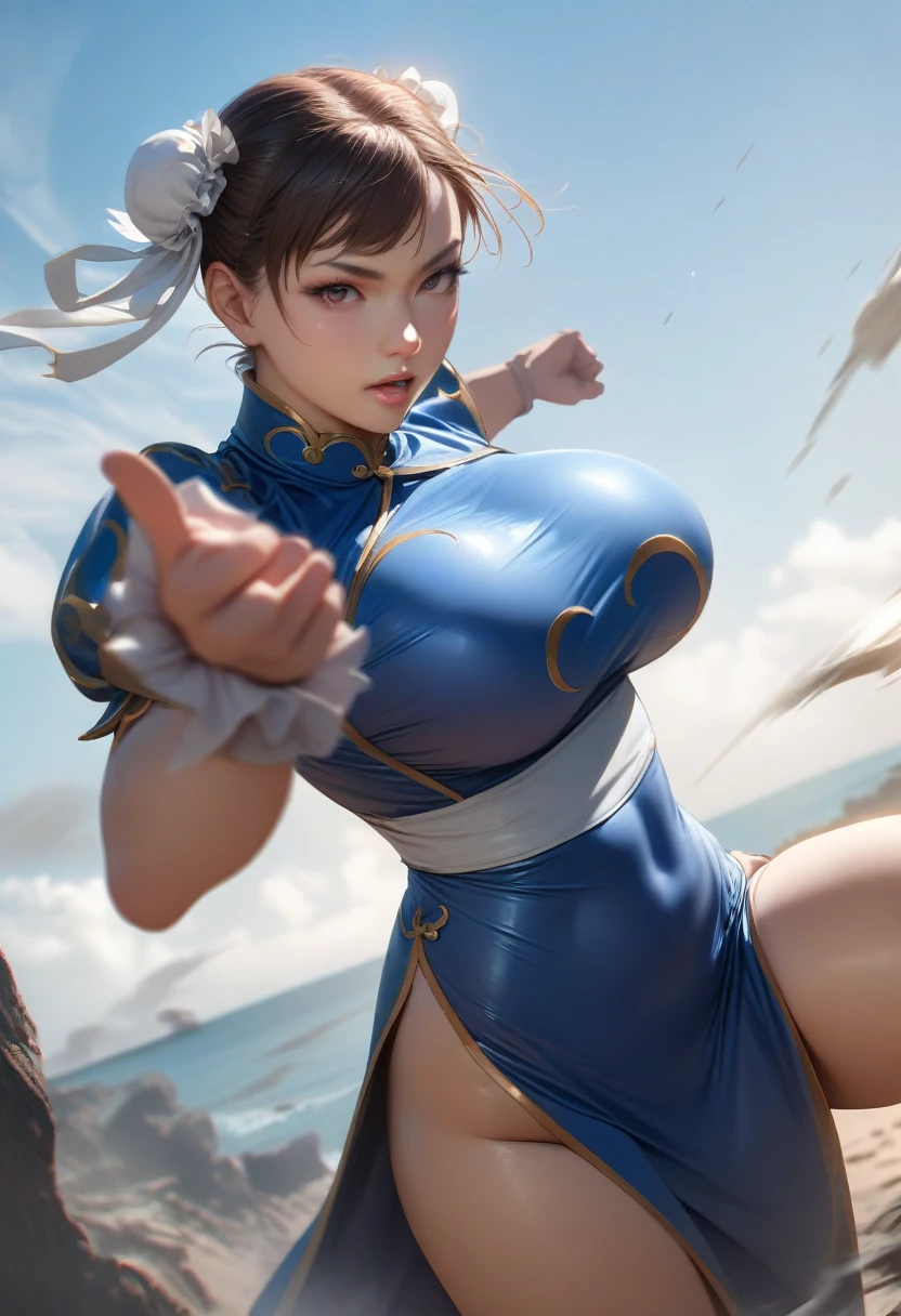 Chun-Li,blue chinese dress,perfect hands, perfect finger,perfect anatomy, masterpiece, best quality,realistic, hyperrealistic, 16k hdr,1girl, large breasts,dynamic fighting pose, outdoor,strong wind,micro panty