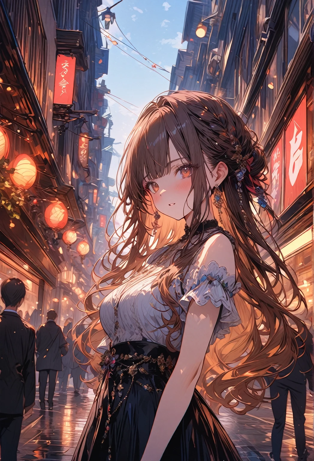 ((masterpiece:0), best quality, very aesthetic, newest, absurdres, detailed, high quality)
BREAK
highest quality, top quality, details, highres, ultra fine painting, digital art, official art, cinematic, 4k, 8k resolution, 8K CG wallpaper, CG, original artwork, detailed background, colorful background, blue atmosphere, High Dynamic Range, blurry background, blue hour, Starburst effects, crepuscular rays, good ISO, high resolution, wide shot, from far away, RAW photo, POV, sharp focus, light reflection, reflections, intricate details, soft light, particle noise, professional photography, bokeh, depth of field, natural lighting, vibrant colors, looking away, detailed lights and shadows, stylish, ultra-detailed, top rated on Pixiv, trending on Artstation, niji style, modern-days, master crafted, pose
BREAK
solo, 1girl, a girl, correct fingers, detailed hair, (medium big breasts:1.2), big thighs, short torso, short body, flushtered, blush, anxious expression, casual, slim, ((cute, childlike face):1.3), nice hips, nice body, brown hair, (long flowing hair:1.1), big 2 buns hairstyle, long bangs, long hair, middle hair bangs, brown eyes
BREAK
((colorful outfit), off shoulder crop top, short skirt, headphone, jacket, casual cap, belts, straps, choker, gloves, boots, (stockings), garterbelt, accessories, outfit ornaments, sneakers, kemonomimi, 1 tail, correct tail, (full body))
BREAK
a person walking down a street with a crowd of people, crowded street, crowded streets, in front of a large crowd, giant crowd, girl walking through city, people walking down a street