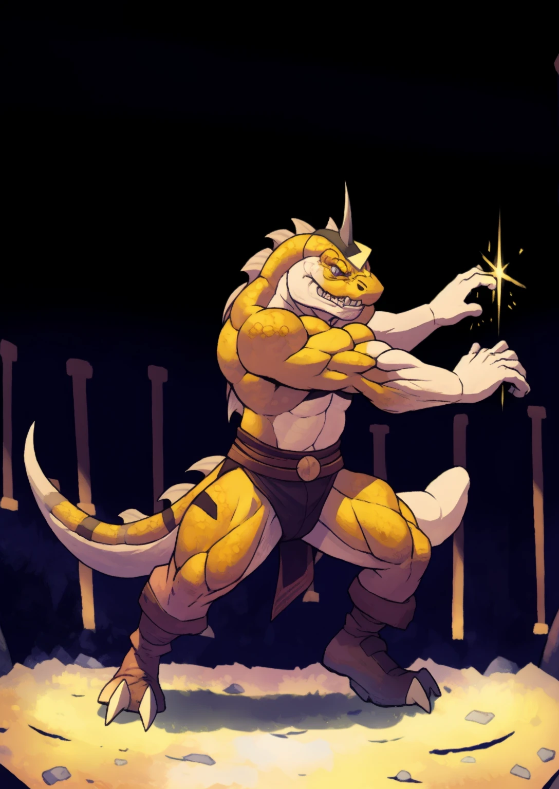 a reptilian humanoid with a fish-like helmet engaged in combat in an arena, highly detailed, 1 reptilian humanoid, fish helmet, arena, battle, action pose, dynamic composition, dramatic lighting, cinematic atmosphere, hyper-realistic, unreal engine, 8k, photorealistic, masterpiece, award-winning digital art