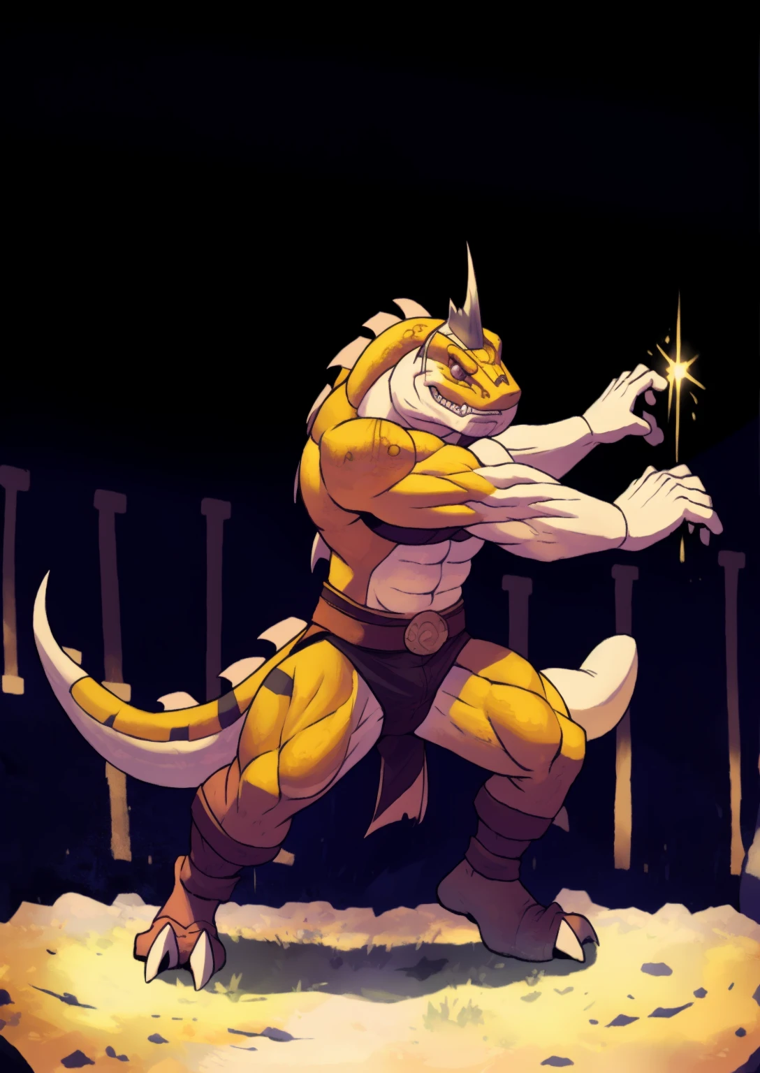 a reptilian humanoid with a fish-like helmet engaged in combat in an arena, highly detailed, 1 reptilian humanoid, fish helmet, arena, battle, action pose, dynamic composition, dramatic lighting, cinematic atmosphere, hyper-realistic, unreal engine, 8k, photorealistic, masterpiece, award-winning digital art