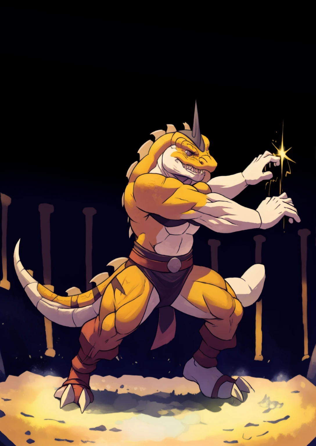 a reptilian humanoid with a fish-like helmet engaged in combat in an arena, highly detailed, 1 reptilian humanoid, fish helmet, arena, battle, action pose, dynamic composition, dramatic lighting, cinematic atmosphere, hyper-realistic, unreal engine, 8k, photorealistic, masterpiece, award-winning digital art