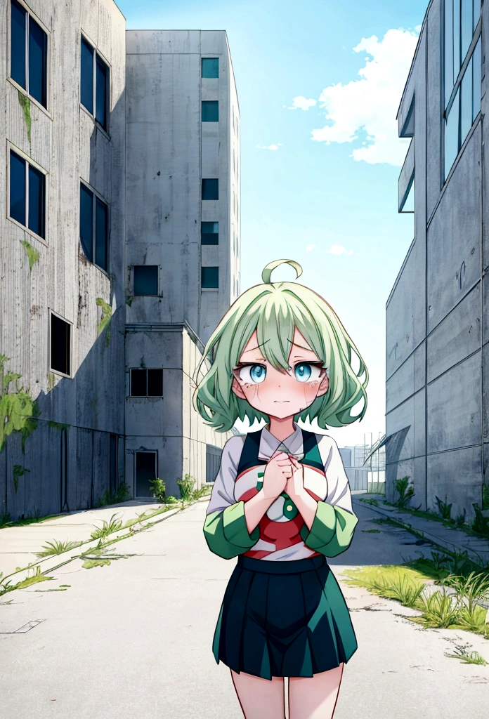 screenshot my hero academia, 3 year old girl, short wavy hair, light green hair, light blue eyes, crying, hurt, background of an abandoned warehouse, anime style, my hero academia style
