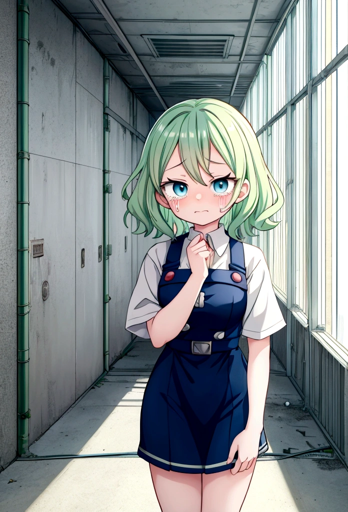screenshot my hero academia, 3  girl, short wavy hair, light green hair, light blue eyes, crying, hurt, background of an abandoned warehouse, anime style, my hero academia style