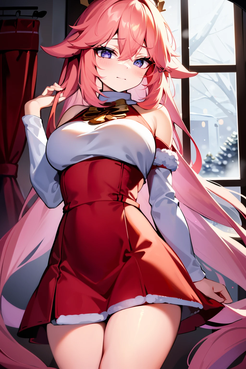 Anime girl, Zero Two, 002 from Darling in the franxx (best quality,4k,8k,highres,masterpiece:1.2), ultra-detailed, (Anime art style, :1.37), portraits, solo, one_girl, long_hair, beautiful_detailed_horns, pink_hair, stunning_breasts, delicate_hairband, enchanting_smile, captivating_gaze, medium_breasts, white_hairband, simple_background, elegant_arms_up, Elegant_Pose, stylish_bangs, mesmerizing_green_eyes, delicate_closed_mouth_smiling,Red Coloured_Xs_and_Os_Women's_Lace_&_net_Floral_Above_knee_Babydoll_Lingerie,fiery_red_horns, exquisite_Lingerie, breathtaking_red_Lingerie, alluring_Lingerie, cascading_very_long_hair, straight_hair, confident_standing_pose, elegant_necktie, Full_body_illustration.