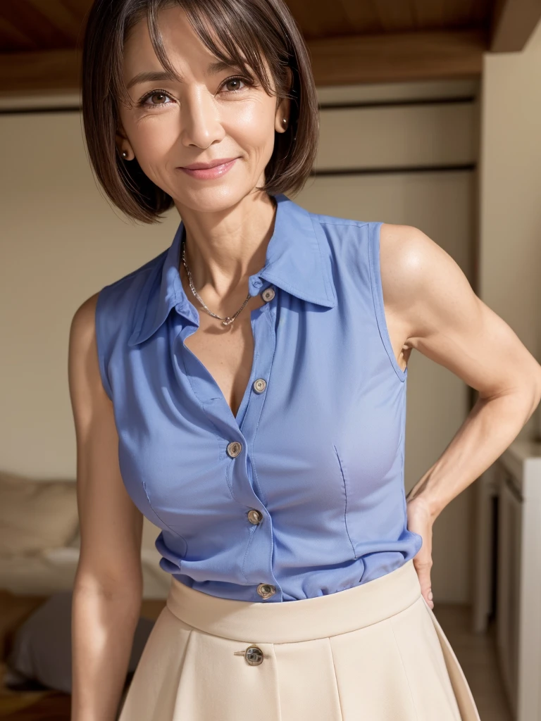 最high quality,8K,Vibrant,Sharp focus,high quality,High resolution,Middle-aged women,49 years old,((Wrinkles around the eyes)),((wrinkles around the mouth)), (whole body),(Very slim and delicate body),Sleeveless shirt with buttons and collar,Long skirt,Short Hair,A kind smile,((Small breasts))