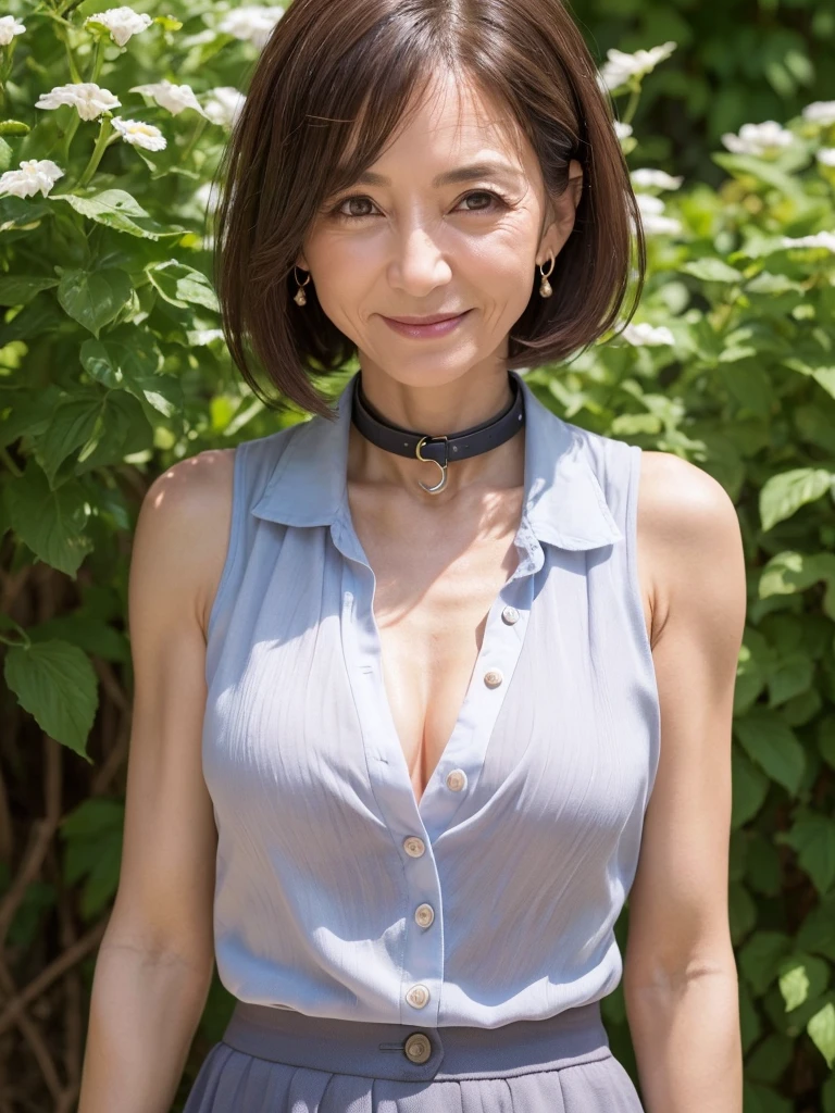 最high quality,8K,Vibrant,Sharp focus,high quality,High resolution,Middle-aged women,49 years old,((Wrinkles around the eyes)),((wrinkles around the mouth)), (whole body),(Very slim and delicate body),Sleeveless shirt with buttons and collar,Long skirt,Short Hair,A kind smile,((Small breasts))