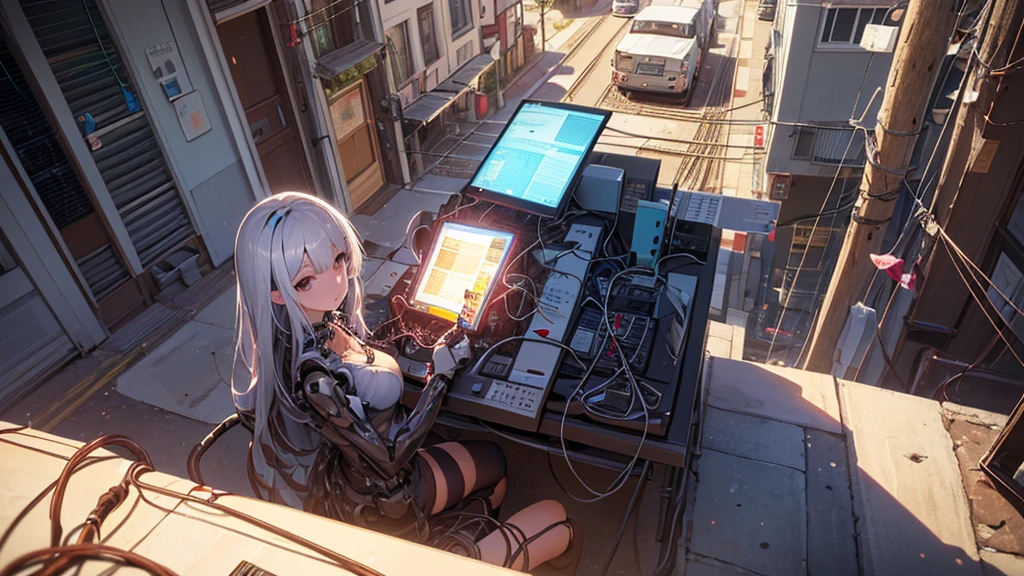 (((Tabletop))), (((Highest quality))), ((Super detailed)), (High quality CG illustration), ((Very delicate and beautiful)), Cinematic Light,((1 Mecha Woman)),alone,mature,plump, whole body,(Machine made joints:1.2),((Mechanical marginal vessels connected to tubes),((Cervical vertebrae mechanically attached to the neck)),(Sitting),Expressionless,(Wires and cables around the neck:1.2),(Overhead wires and cables:1.2)(Character Focus),sf,Very detailed,colorful,Best details,There is a guitar