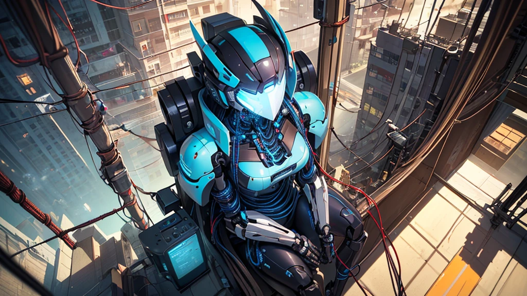 (((Tabletop))), (((Highest quality))), ((Super detailed)), (High quality CG illustration), ((Very delicate and beautiful)), Cinematic Light,((1 Mecha Woman)),alone,mature,plump, whole body,(Machine made joints:1.2),((Mechanical marginal vessels connected to tubes),((Cervical vertebrae mechanically attached to the neck)),(Sitting),Expressionless,(Wires and cables around the neck:1.2),(Overhead wires and cables:1.2)(Character Focus),sf,Very detailed,colorful,Best details,There is a guitar