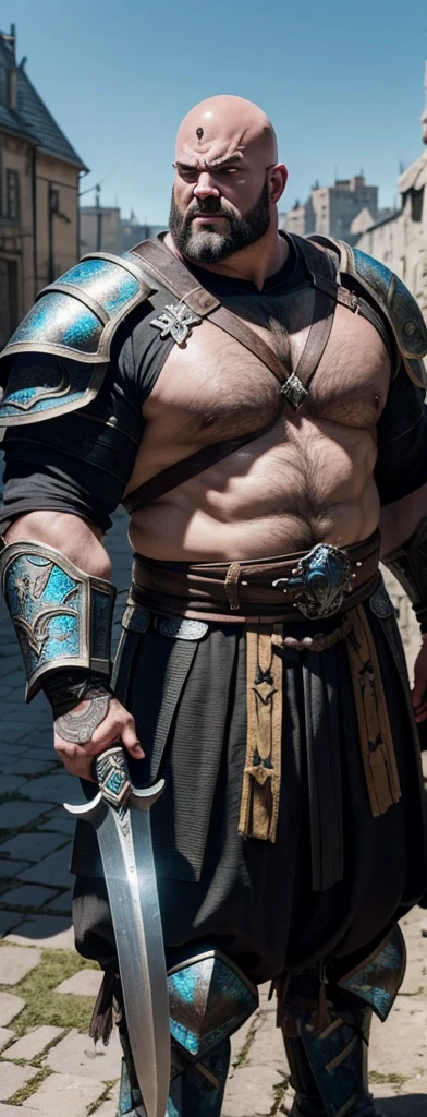 A burly bald warrior. He is equipped with heavy metal armor complete with iridescent runes etched into it.. His face shows anger. In his hands he carries a huge two-handed axe.. In the background you can see the square of some medieval city. A scar crosses his unshaven chin..