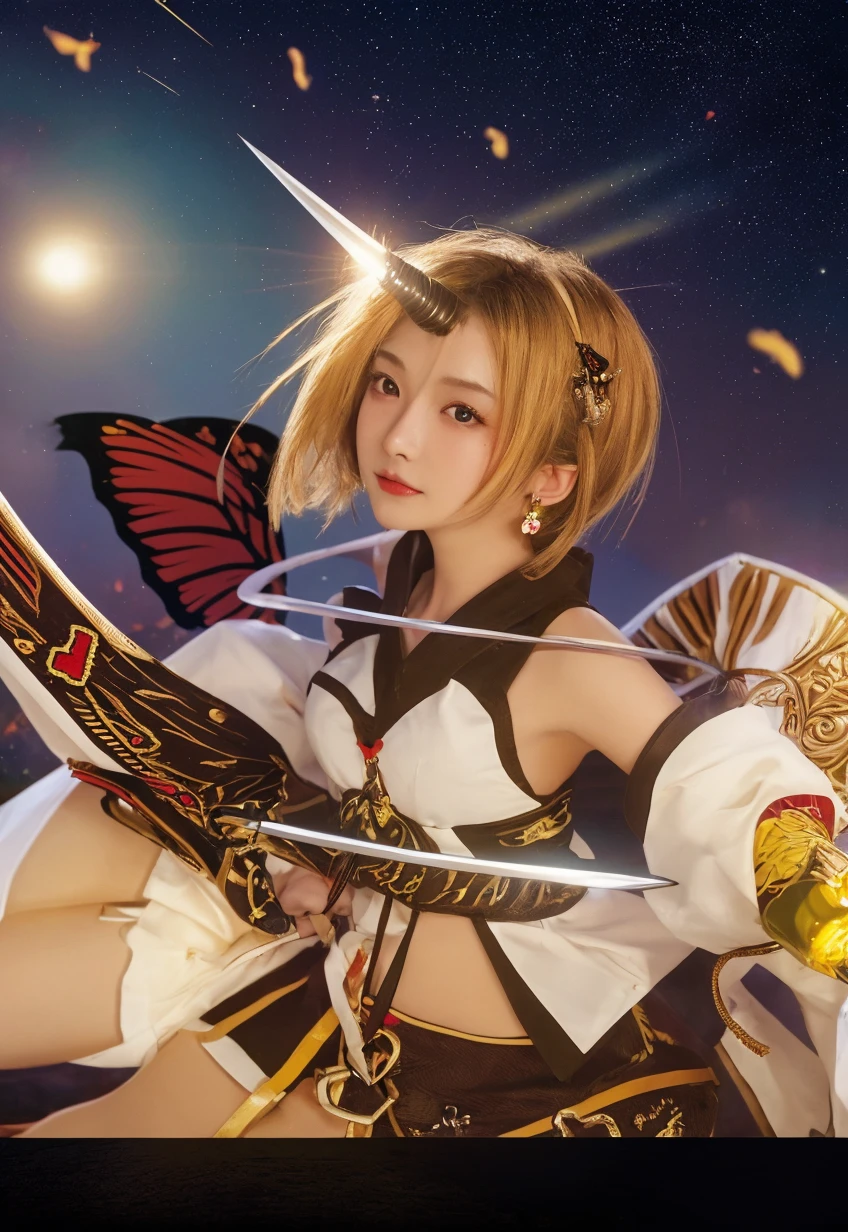 young attractive sexy japanese girl, 18 years old, cute baby face, blue eyes, ((gold bracelet)),(gold ring on hand), (gold ring on body), ((gold wing on back)), Big Breasts, Light yellow hair, ponytail Hair, Earrings, (warrior of dynasty castle), (dynasty warrior), 8k, Highest quality, masterpiece,Highest quality