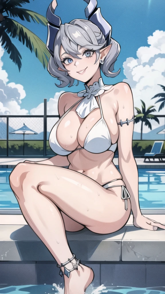 High level image quality　best image quality　8K　 adult woman  pool party  sunset　palm trees   whole body view　portrait　 bikini   　horn    ears  　short hair（（shortcut）（gray hair）（perm）（fluffy））　eye color is blue  , 　attractive evil face , smile   ,  sexy pose   ,  labrynth ,  barearm    , wearing white , looking up   ,  sitting by the pool   , crossed leg style in detailed , anklet , view foot arc  , view from below