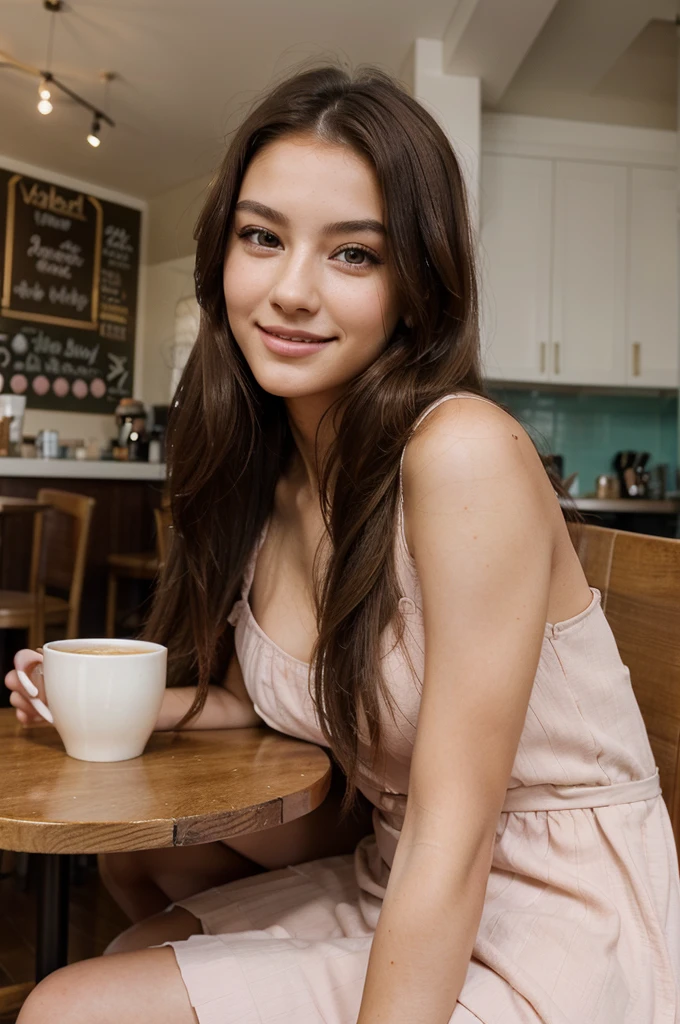 side pose of 22 year old Latina beautiful model, wearing black floral cozy outfit, sitting in a cafe, long curly brown hairs, hazel eyes, happy face, realistic photography