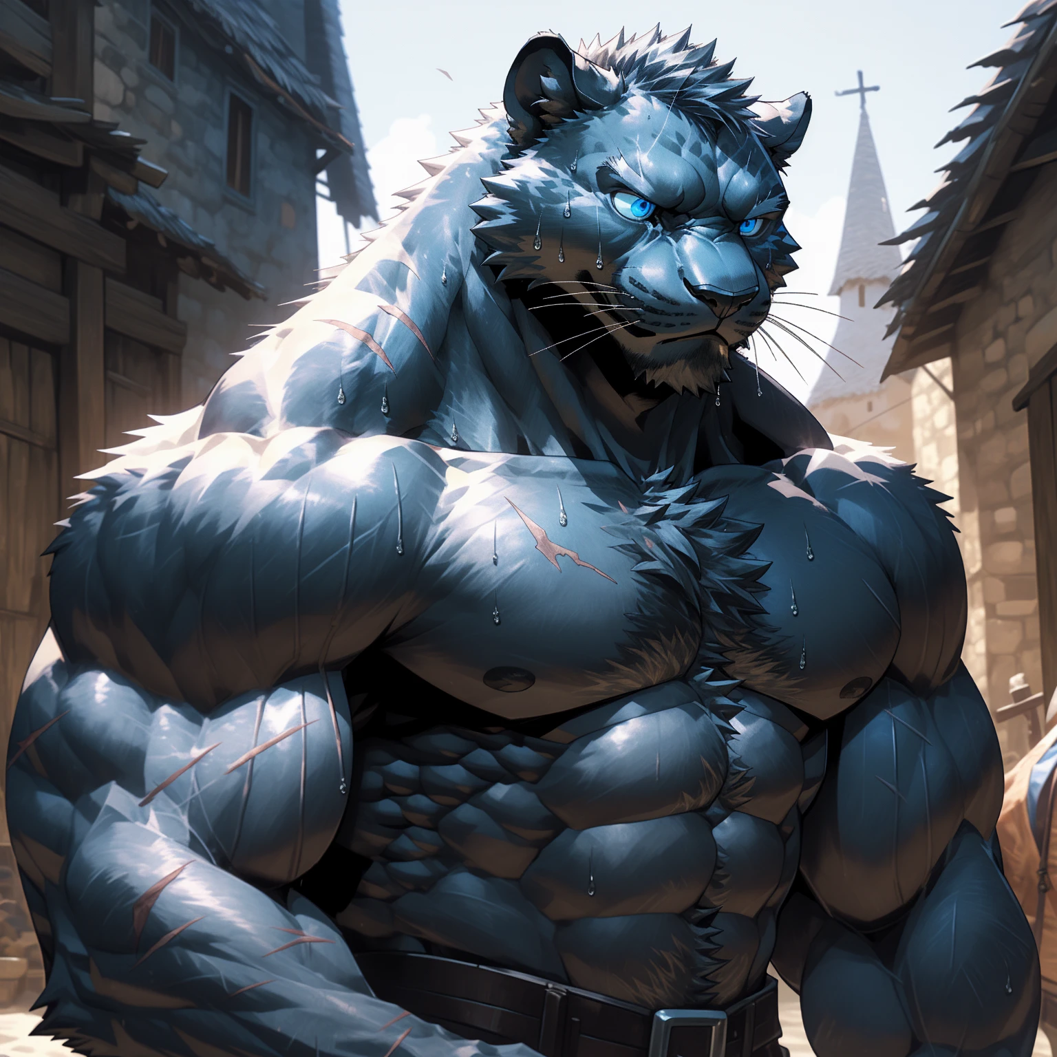 Sweating muscular man in a medieval village,Topless,With furry anthropomorphic chest hair,Serious face(scars in the face) Mature (blue eyes)Big muscles,Ripped abdominal muscles,Wild General,Ambitious,Consider,Uncle vicissitudes,Black Panther