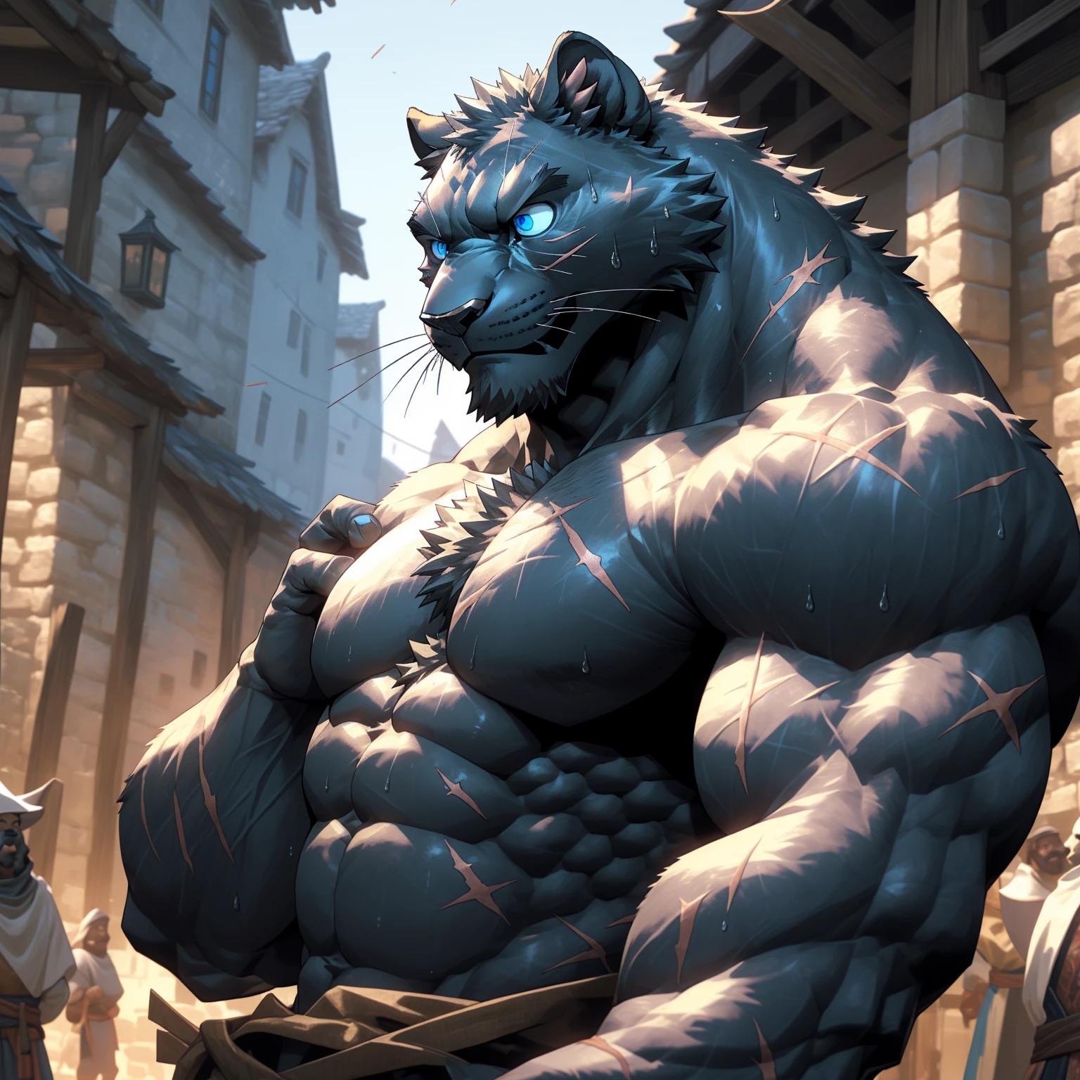 Sweating muscular man in a medieval village,Topless,With furry anthropomorphic chest hair,Serious face(scars in the face) Mature (blue eyes)Big muscles,Ripped abdominal muscles,Wild General,Ambitious,Consider,Uncle vicissitudes,Black Panther