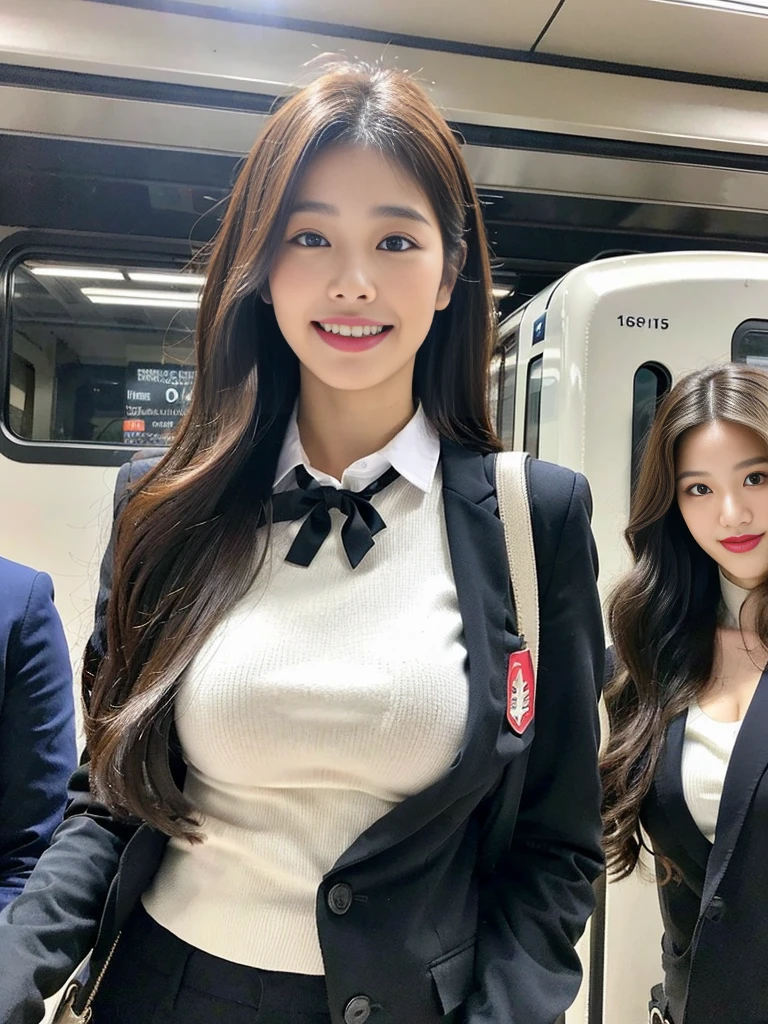 (A gorgeous beauty with her work bag takes a photo:1.2)(grin,smile:1.1)(Beautiful Sweat:1.1)(16K, RAW Photos, Highest quality, masterpiece: 1.2),(Elegant hairstyle with glossy brown hair:1.2) Super detailed, Super Resolution, (Genuine, Genuine photos: 1.37), Portraiture, High-resolution RAW color photos, Professional photos, Very detailed, 8k wallpaper, Very detailed CG Unity 8k wallpaper, Very detailed beautiful girls, Very detailed faces, ((whole body)), beautiful woman, Huge breasts,(huge boobs:1.1) (Big Boobs:1.1), beautiful schoolgirl (Tight suit),high school girl, Korean Girls,(K-POP Female Idols), (Idol-class beauty)(Beautiful:1.1)(Inside a train station)(40 years old)(Office lady outfit:1.1)(Commuting photos:1.2)gal,japanese gal