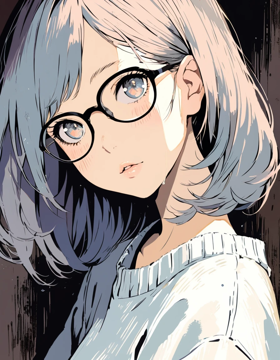 ultra-detailed:1.3, ultra delicate and detailed face:1.3, (absurdres, texture, masterpiece), oil painting, soft warm color, ennui, pixiv contest winner, by Posuka Demizu, dynamic manga-style illustration of slender girl with glasses, moist eyes, moist lips, head tilt, 