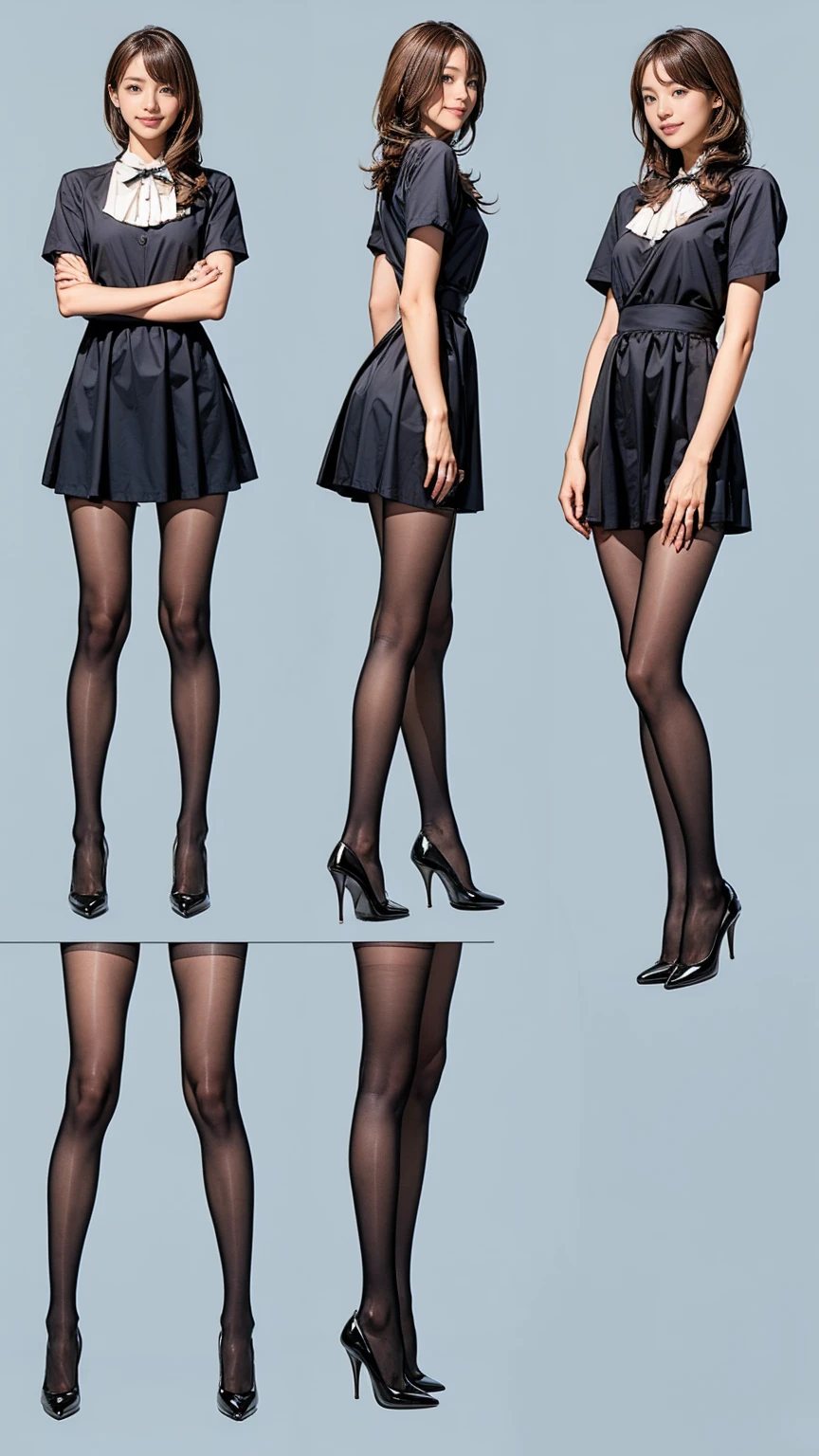 ((masterpiece)),(((Highest quality))),((Character design sheet)),Thin thighs,Long legs,Bunny girl in a light blue maid outfit:1.5,Wearing light blue tights:1.5,The best smile:1.5,Full Body Shot:1.5,Gray background:1.5,Wearing black high heels:1.5,short side wave:1.5,