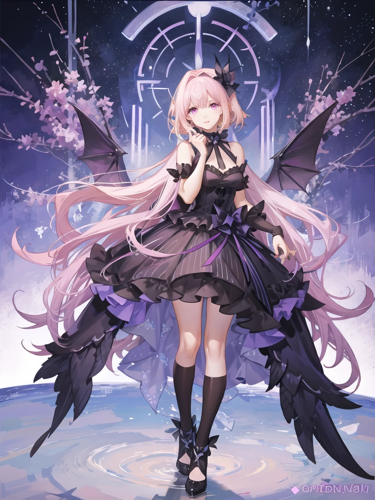 girl,full body,(detailed face:1.2), Masterpiece, fashion,black dress,, medium hair, light pink purple hair, purple pink eyes,There are wings hanging on the head...,white background,Vtuber,Full HD,bat&#39;The left wing of the head is white...,Long hair braided back,Shoulder length facial hair,purple highlighted hair color,There is a black choker on the neck...,full body,soft smile,ชุดมีลายดาวสีเหลืองและลายเงาbat.,ปีกbatสีดำทึบติดอยู่ที่ศีรษะทั้งซ้ายและขวา,The eyes inside are heart shaped.,Hands at side