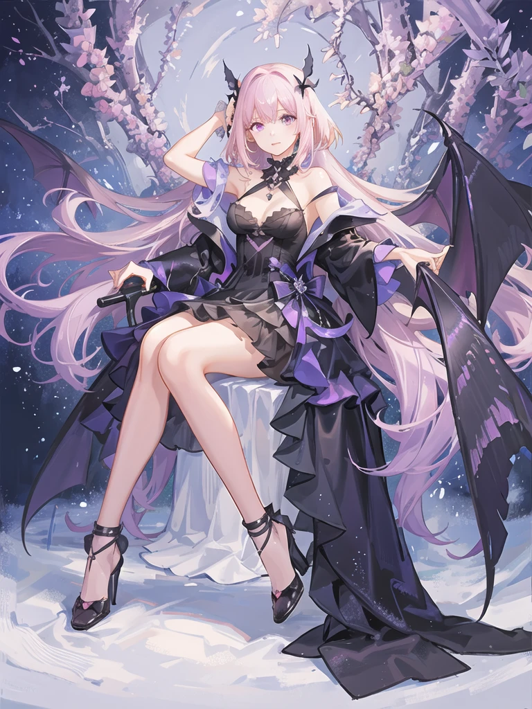 girl,full body,(detailed face:1.2), Masterpiece, fashion,black dress,, medium hair, light pink purple hair, purple pink eyes,There are wings hanging on the head...,white background,Vtuber,Full HD,bat&#39;The left wing of the head is white...,Long hair braided back,Shoulder length facial hair,purple highlighted hair color,There is a black choker on the neck...,full body,soft smile,ชุดมีลายดาวสีเหลืองและลายเงาbat.,ปีกbatสีดำทึบติดอยู่ที่ศีรษะทั้งซ้ายและขวา,The eyes inside are heart shaped.,Hands at side