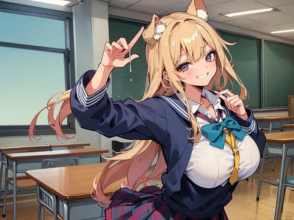 high school girl、Dressed in high 、School classroom、(Big Breasts)、Grinning face、((独奏))、smirk、human