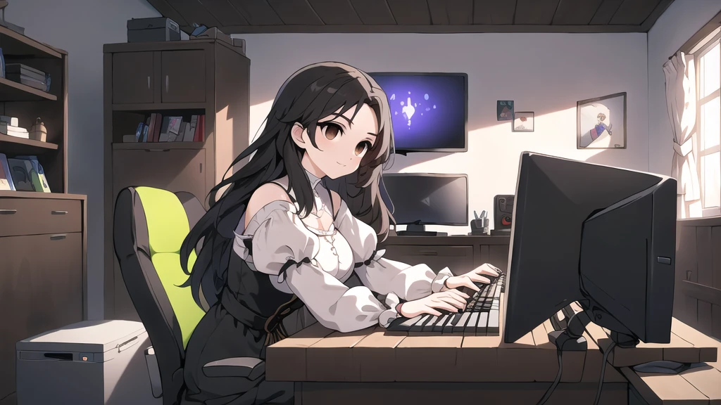 neocruz long black hair, Brown eyes, Spotlight, un aldeano utiliza una computer de juego dentro de una casa campesina.,peasants wearing renaissance clothing,Dur3r Style,(gaming computer monitor, keyboard (computer), cables, rgb games),horses,castle in the distance,
