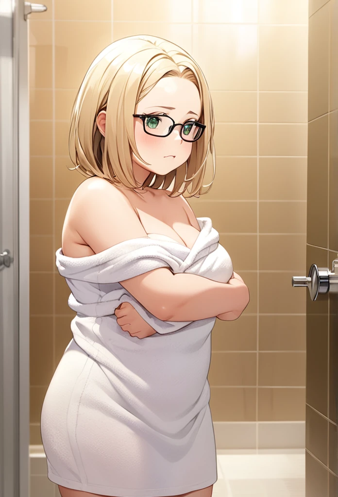 chubby women, blonde, medium length hair, open forehead, no bangs, green eyes, black square-rimmed glasses 
, white towel
bathroom