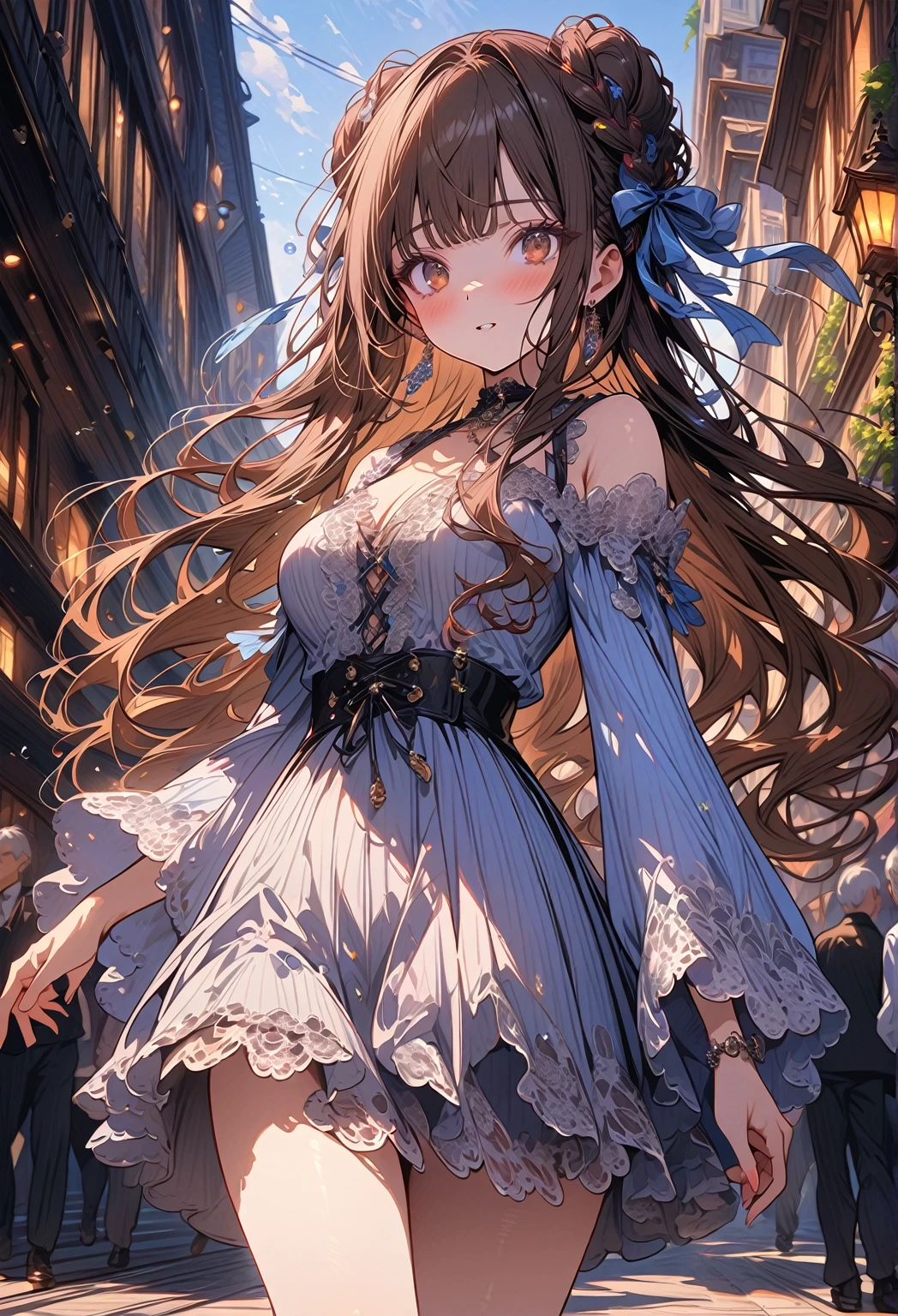 ((masterpiece:0), best quality, very aesthetic, newest, absurdres, detailed, high quality)
BREAK
highest quality, top quality, details, highres, ultra fine painting, digital art, official art, cinematic, 4k, 8k resolution, 8K CG wallpaper, CG, original artwork, detailed background, colorful background, blue atmosphere, High Dynamic Range, blurry background, blue hour, Starburst effects, crepuscular rays, good ISO, high resolution, wide shot, from far away, RAW photo, POV, sharp focus, light reflection, reflections, intricate details, soft light, particle noise, professional photography, bokeh, depth of field, natural lighting, vibrant colors, looking away, detailed lights and shadows, stylish, ultra-detailed, top rated on Pixiv, trending on Artstation, niji style, modern-days, master crafted, pose
BREAK
solo, 1girl, a girl, correct fingers, detailed hair, (medium big breasts:1.2), big thighs, short torso, short body, flushtered, blush, anxious expression, casual, slim, ((cute, childlike face):1.3), nice hips, nice body, brown hair, (long flowing hair:1.1), big 2 buns hairstyle, long bangs, long hair, middle hair bangs, brown eyes
BREAK
((colorful outfit), off shoulder crop top, short skirt, headphone, jacket, casual cap, belts, straps, choker, gloves, boots, (stockings), garterbelt, accessories, outfit ornaments, sneakers, kemonomimi, 1 tail, correct tail, (full body))
BREAK
a person walking down a street with a crowd of people, crowded street, crowded streets, in front of a large crowd, giant crowd, girl walking through city, people walking down a street