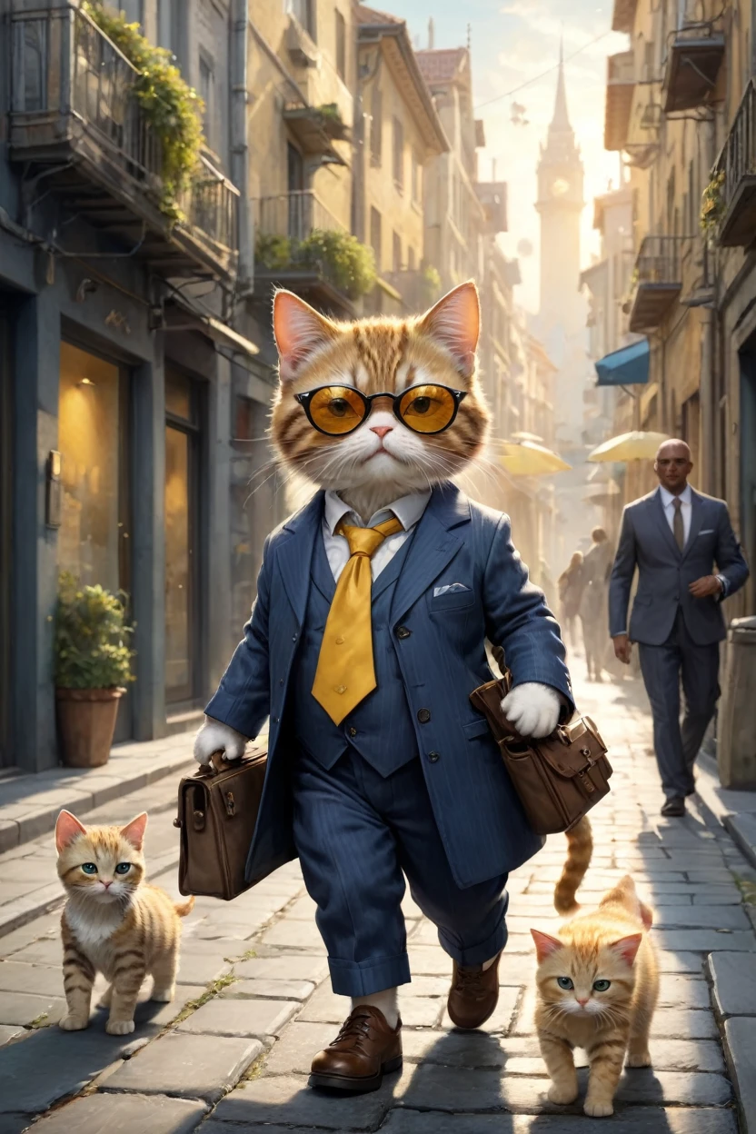 small, かわいいbornき物,Wearing a suit、sunglasses、 whole body,Walking with her cat through a peaceful modern city, Costumes,、 Fantasy art, Exquisite detail, Jean-Baptiste Monge Style, 、Alan Lee Style, An anthropomorphic, fat, furry tabby kitten with yellow eyes, Movie Scenes, Dramatic shot angles, , Realistic, born々Amazing cinematic photorealism, Action Portrait, 8K, detailed, Full Frame