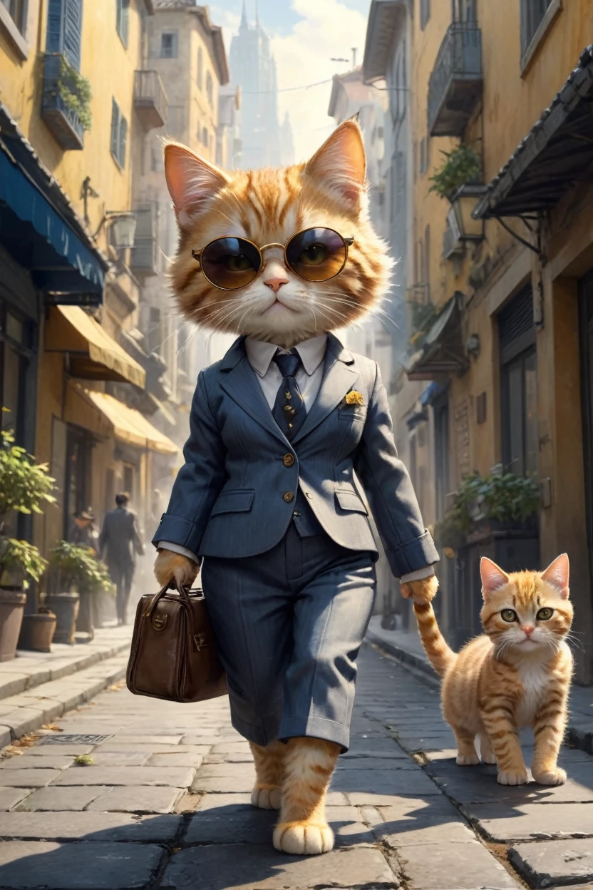 small, かわいいbornき物,Wearing a suit、sunglasses、 whole body,Walking with her cat through a peaceful modern city, Costumes,、 Fantasy art, Exquisite detail, Jean-Baptiste Monge Style, 、Alan Lee Style, An anthropomorphic, fat, furry tabby kitten with yellow eyes, Movie Scenes, Dramatic shot angles, , Realistic, born々Amazing cinematic photorealism, Action Portrait, 8K, detailed, Full Frame