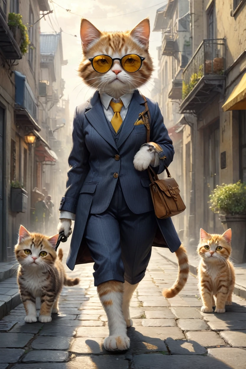 small, かわいいbornき物,Wearing a suit、sunglasses、 whole body,Walking with her cat through a peaceful modern city, Costumes,、 Fantasy art, Exquisite detail, Jean-Baptiste Monge Style, 、Alan Lee Style, An anthropomorphic, fat, furry tabby kitten with yellow eyes, Movie Scenes, Dramatic shot angles, , Realistic, born々Amazing cinematic photorealism, Action Portrait, 8K, detailed, Full Frame